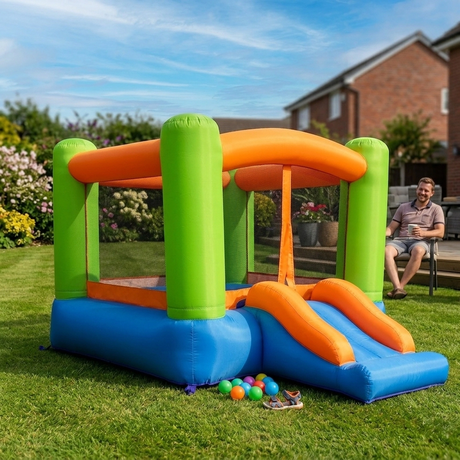 Kids Inflatable Bounce House with Curved Slide and Mesh Walls for 2 Kids 200-lb Capacity Blower Not Included Indoor