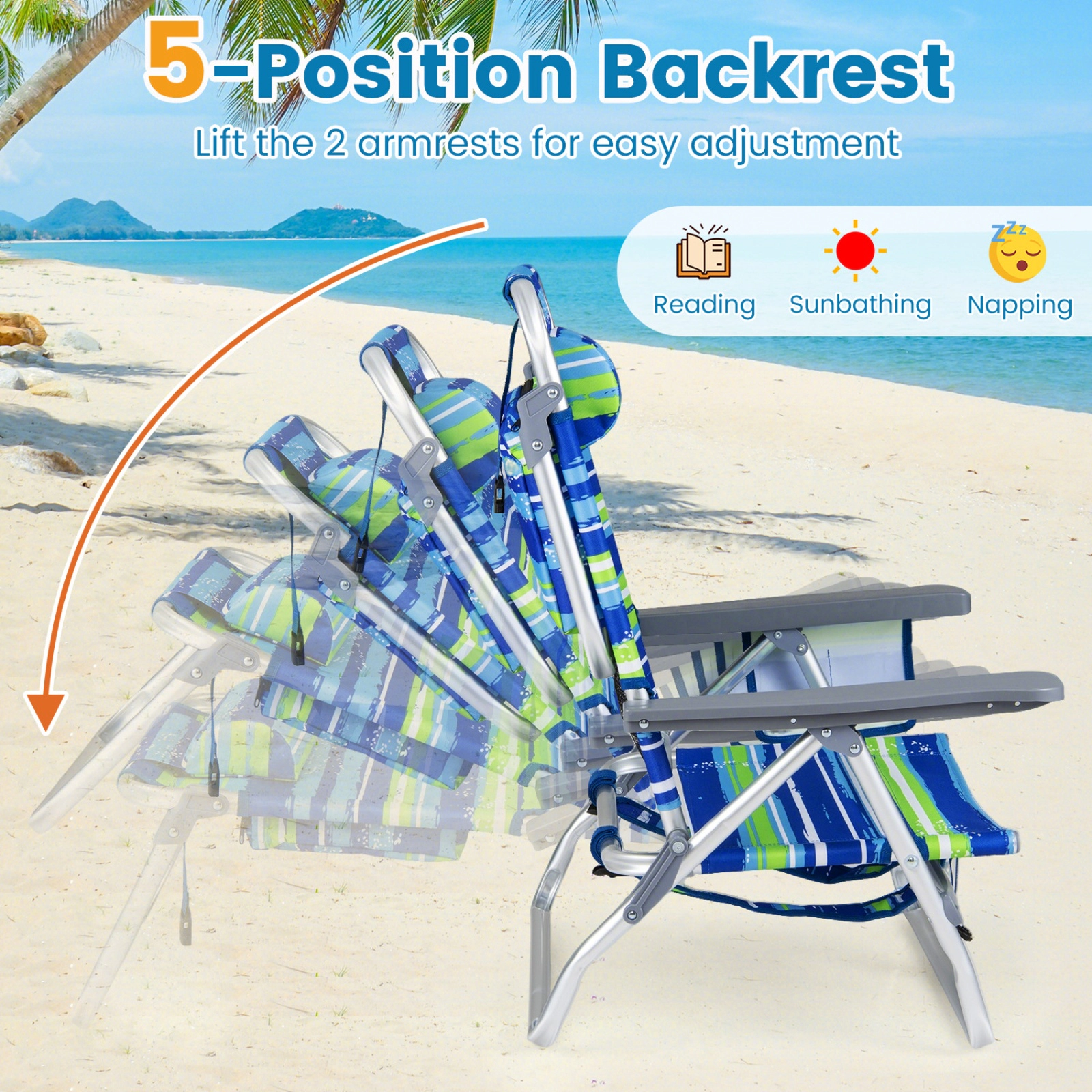 SUGIFT 5-Position Folding Backpack Beach Recliner Chairs Set of 2 330-lb Capacity with Padded Headrest Blue and Green