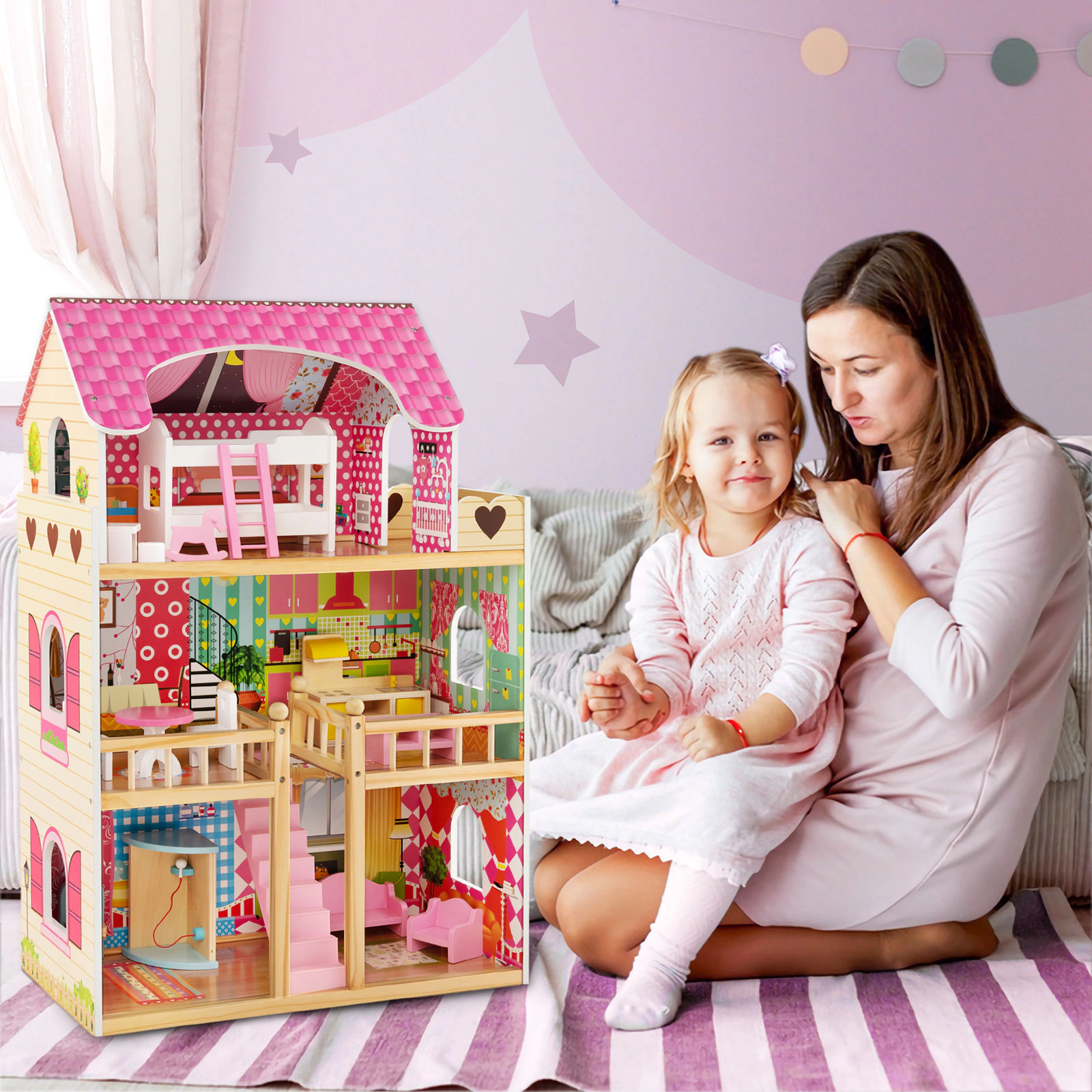 Doll House Playset 3-Story with 6 Rooms and 15-pc Furniture Semi-Open Design 23-in x 12-in x 36-in Pink