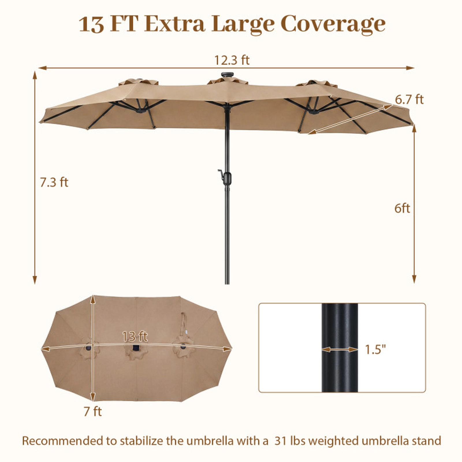 SUGIFT Solar-Powered LED Double-Sided Patio Market Umbrella 13-ft Canopy with 12 Metal Ribs and Crank Handle Tan