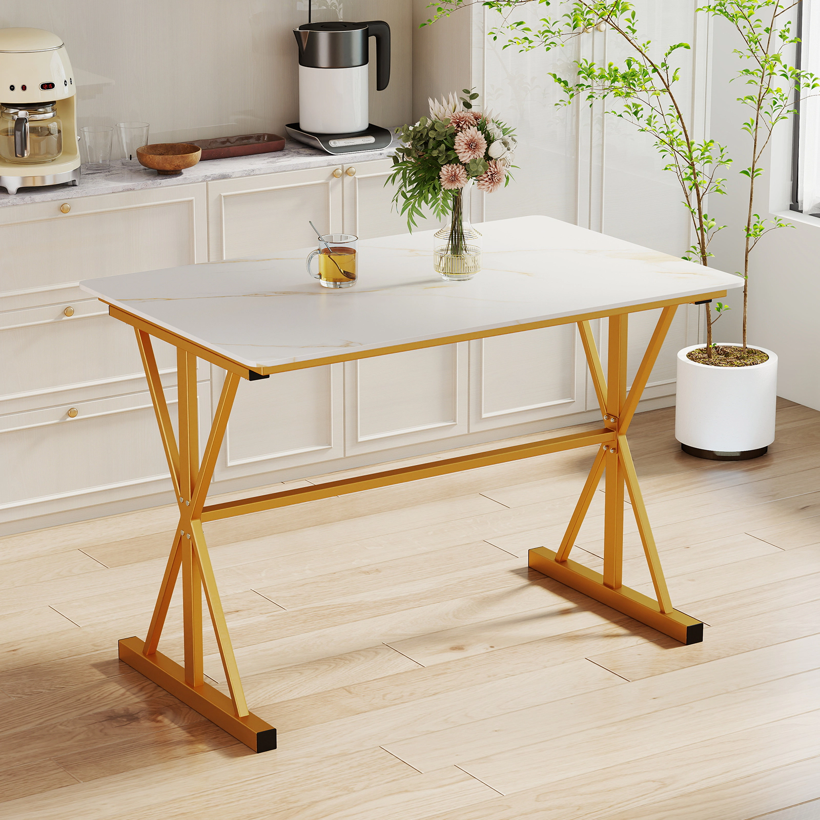 LJG 44 Inches Sintered Stone Dining Table with Metal Frame and Faux Marble Tabletop
