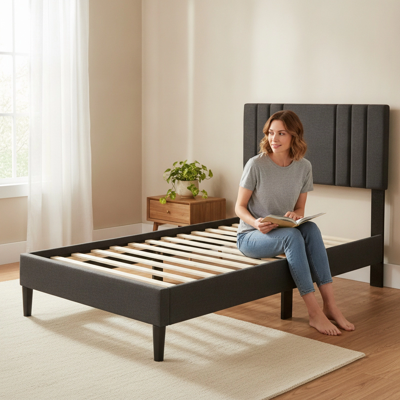 SUGIFT Twin Upholstered Platform Bed with Gray Vertical Channel-Tufted Headboard