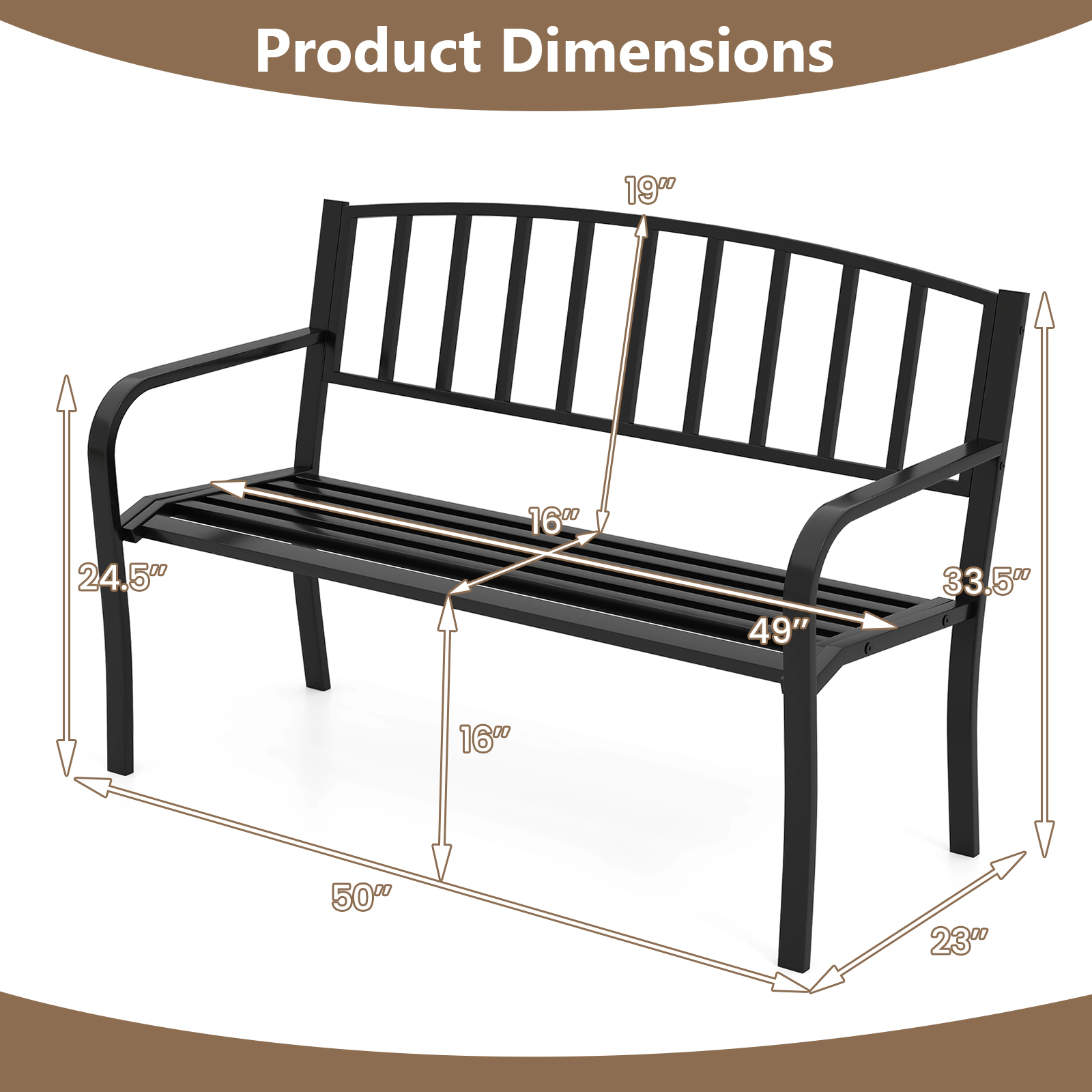 SUGIFT 50-Inch Black Metal Outdoor Garden Bench, 660-Lb Capacity, Slatted Backrest and Curved Armrests