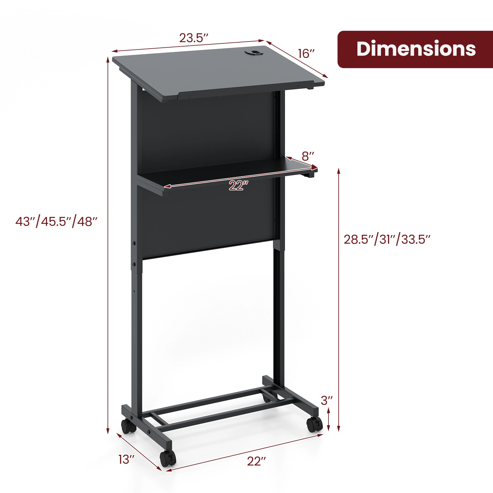 SUGIFT 3-Position Height Adjustable Lectern Lap Desk Table with Tilted Tabletop 45-lb Capacity with Storage Shelf Black