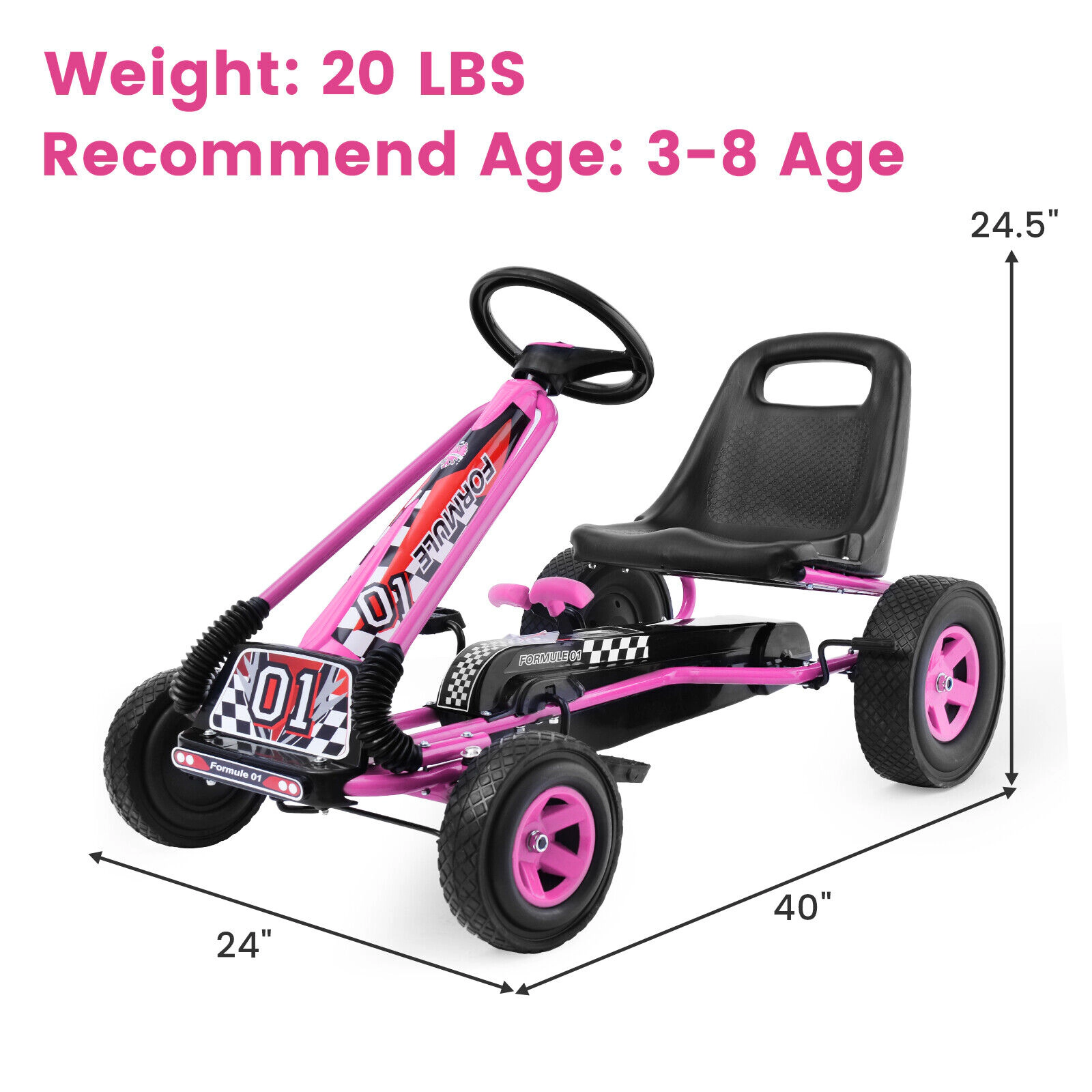 SUGIFT 4-Wheel Kids Ride On Pedal Powered Go Kart Racer Car 66-lb Capacity Ages 3+ Pink 39.8 x 24 x 24.5 in Frame