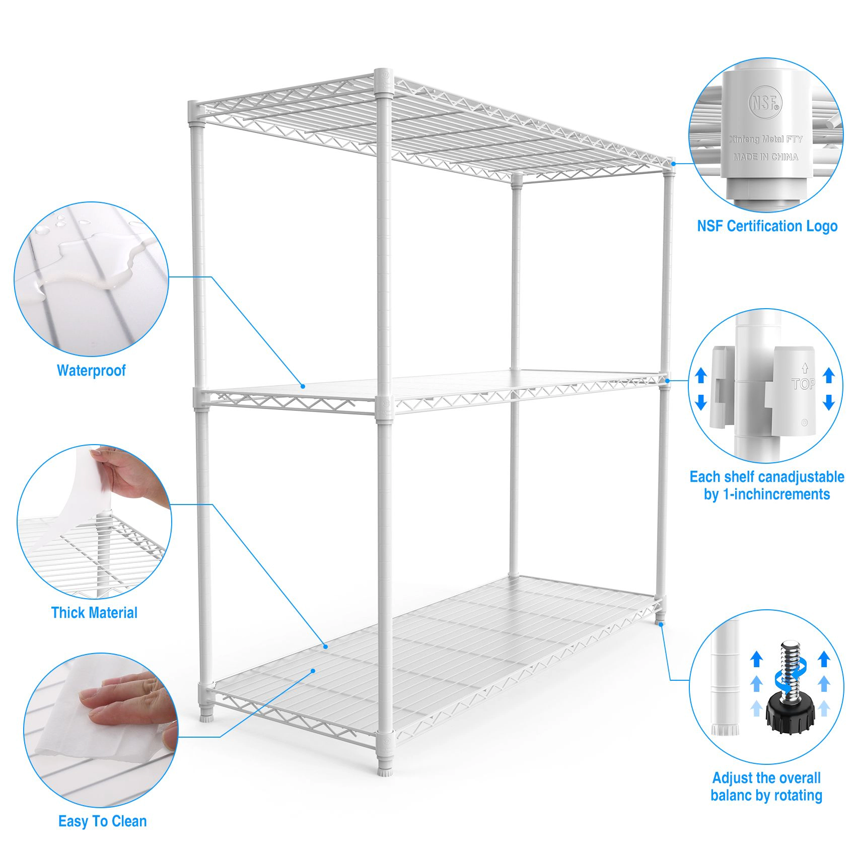 Flynama 3 Tier Wire Shelving 1050 LBS NSF Height Adjustable Heavy Duty Metal Garage Storage Rack in White