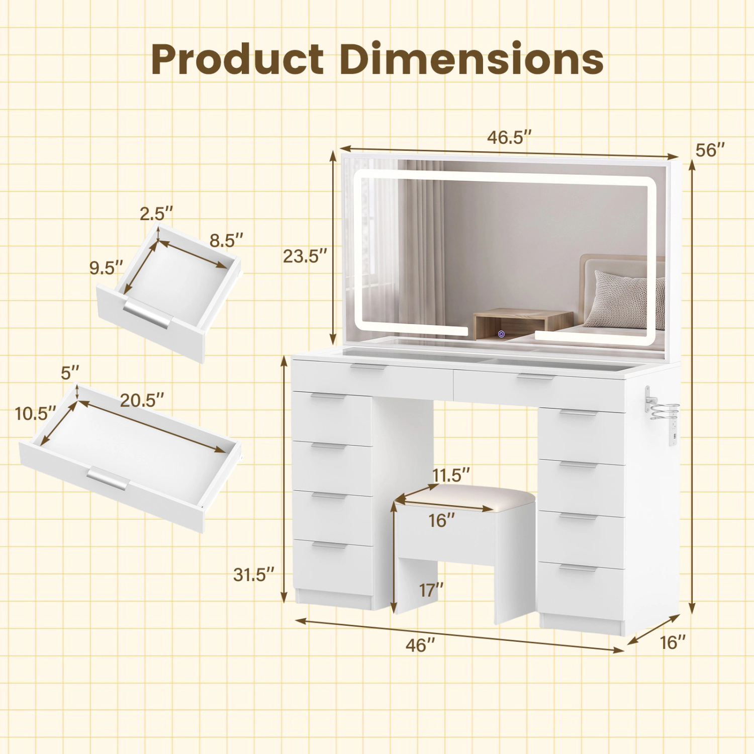 LJG Vanity Desk with Mirror & Lights and Stool with Charging Station for Makeup