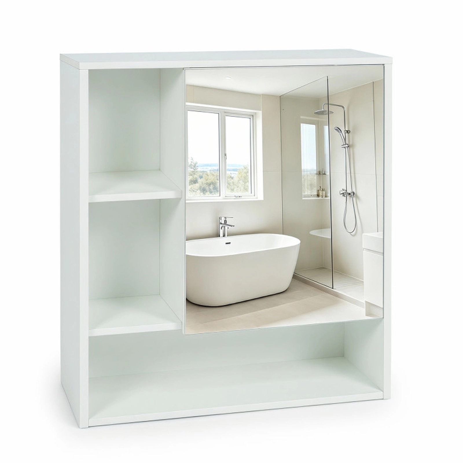 SUGIFT Wall-Mounted Engineered Wood Mirror Cabinet with Hidden and Open Storage 22-lb Countertop Capacity White