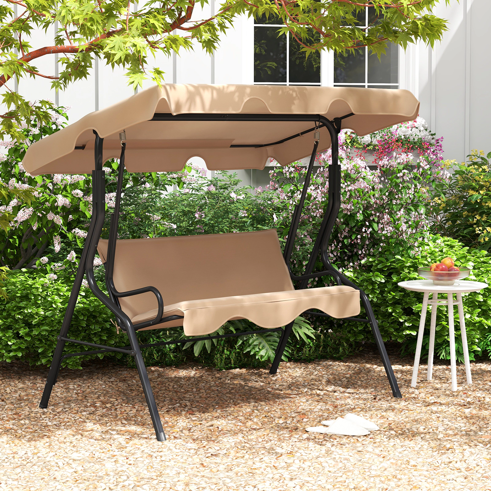 SUGIFT Beige 3-Seat Outdoor Porch Swing with Canopy, Cushions, 51-Inch Bench, 440-Lb Capacity
