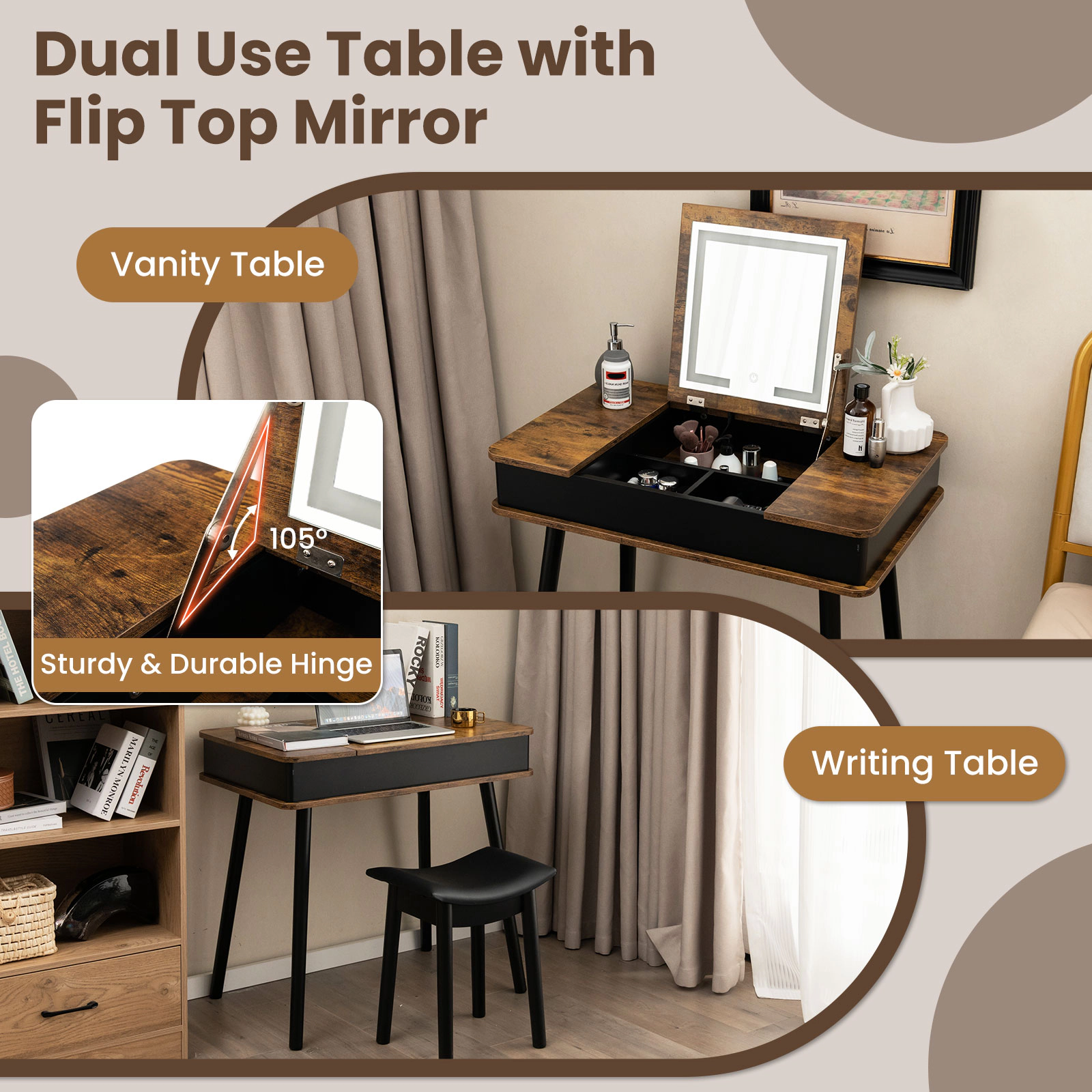 SUGIFT Flip-Top Lighted Mirror Vanity Table Writing Desk and Stool 99-lb Tabletop 330-lb Stool Rustic Brown