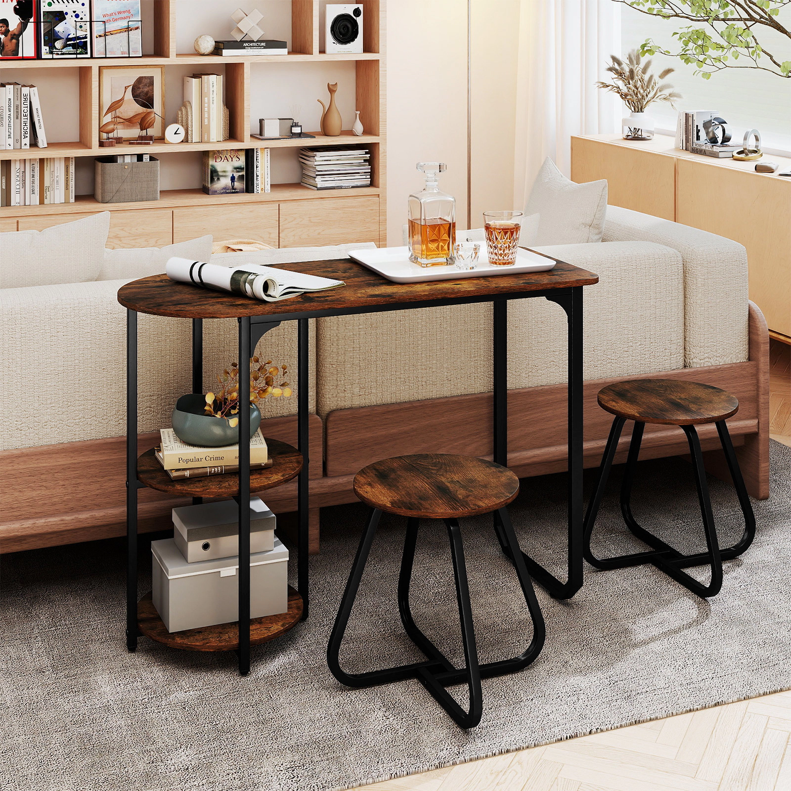 SUGIFT 3-Piece Industrial Dining Table Set with Shelves 88-lb Table Capacity 330-lb Stools Rustic Brown and Black