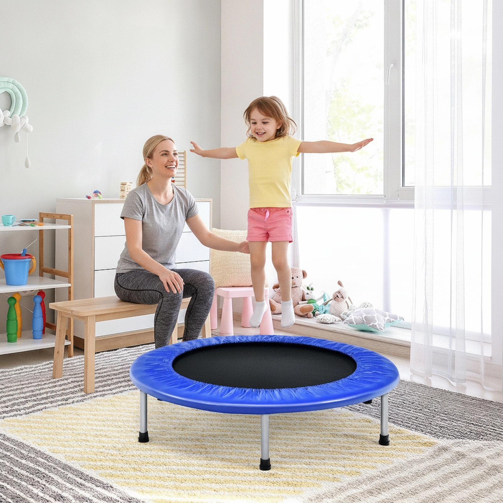 38-in Folding Exercise Trampoline for Adults Portable Rebounder 330-lb Capacity 32 Springs 6 Non-Slip Legs Blue