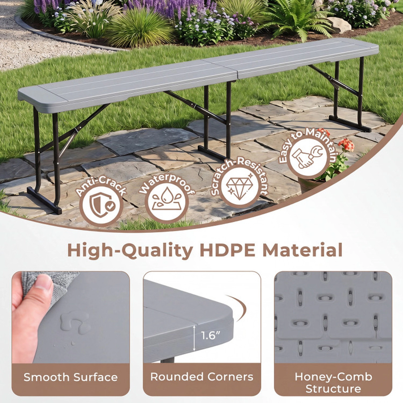 SUGIFT 6 ft Plastic Folding Bench Picnic Camping Dining Seat 660-lb Capacity 72-in Long with Carrying Handle Gray