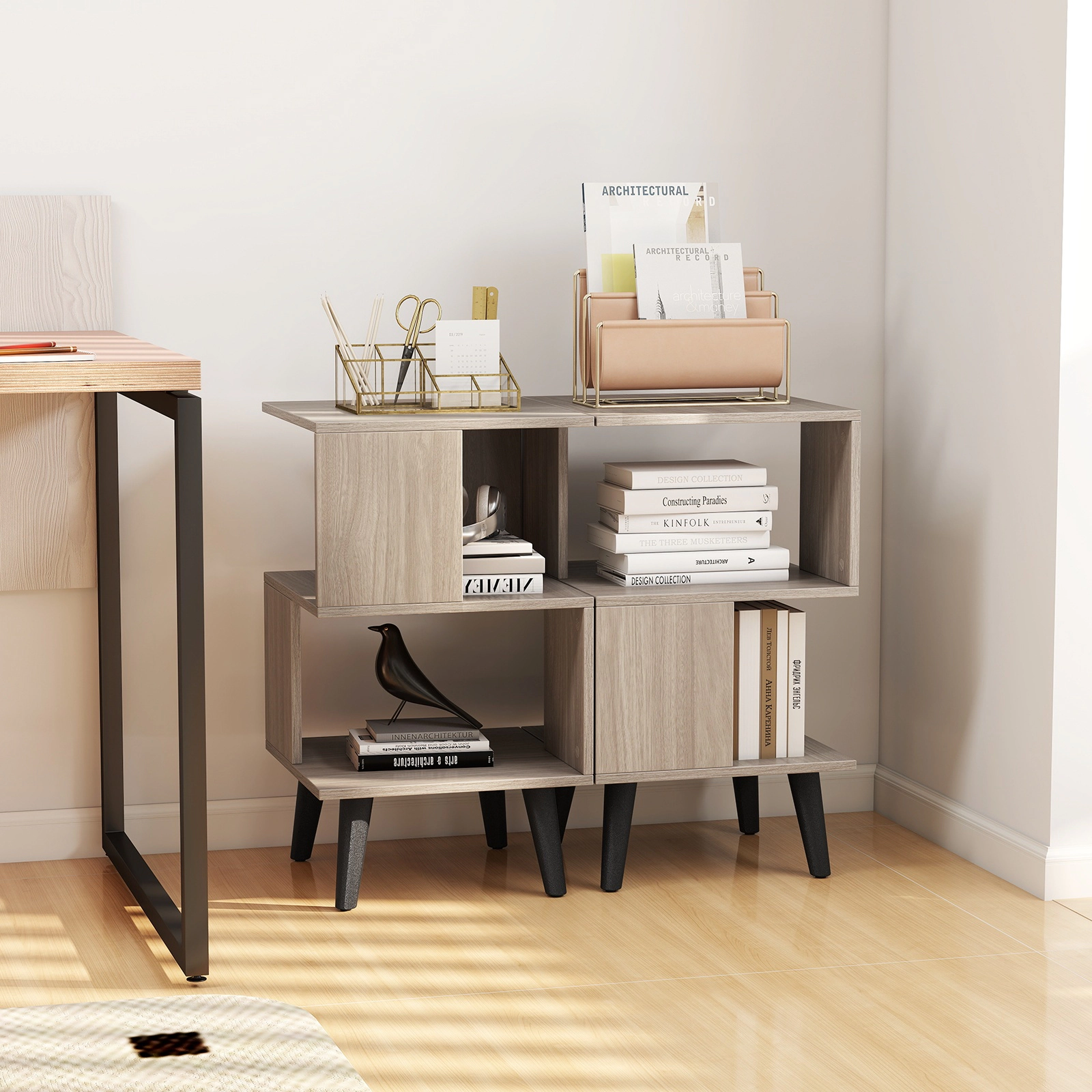 Glintex 2-Piece 3-Tier Geometric Side Table Set with Elevated Legs, Gray