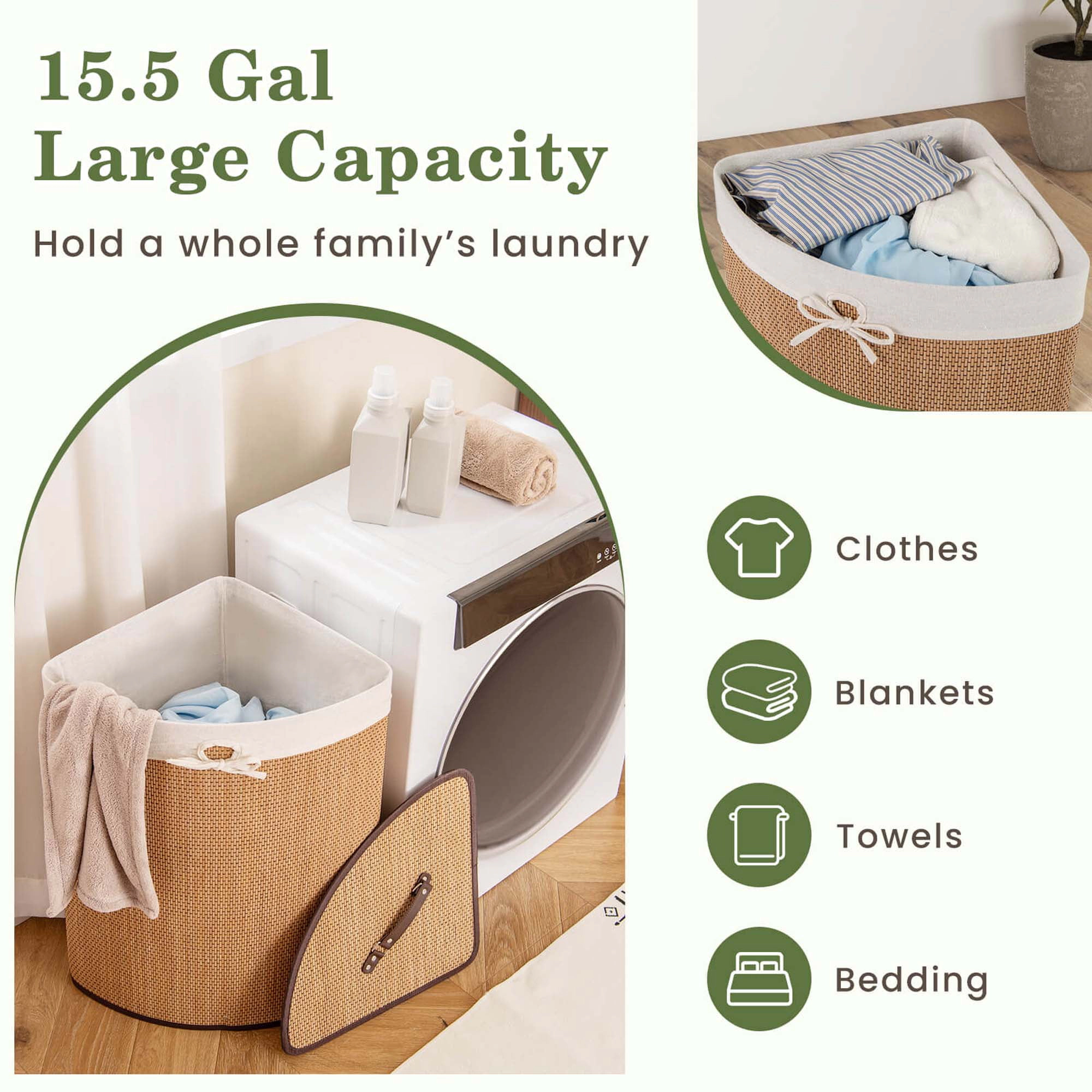Glintex Bamboo Laundry Basket with Lid Metal Frame and Removable Liner Bag, Natural