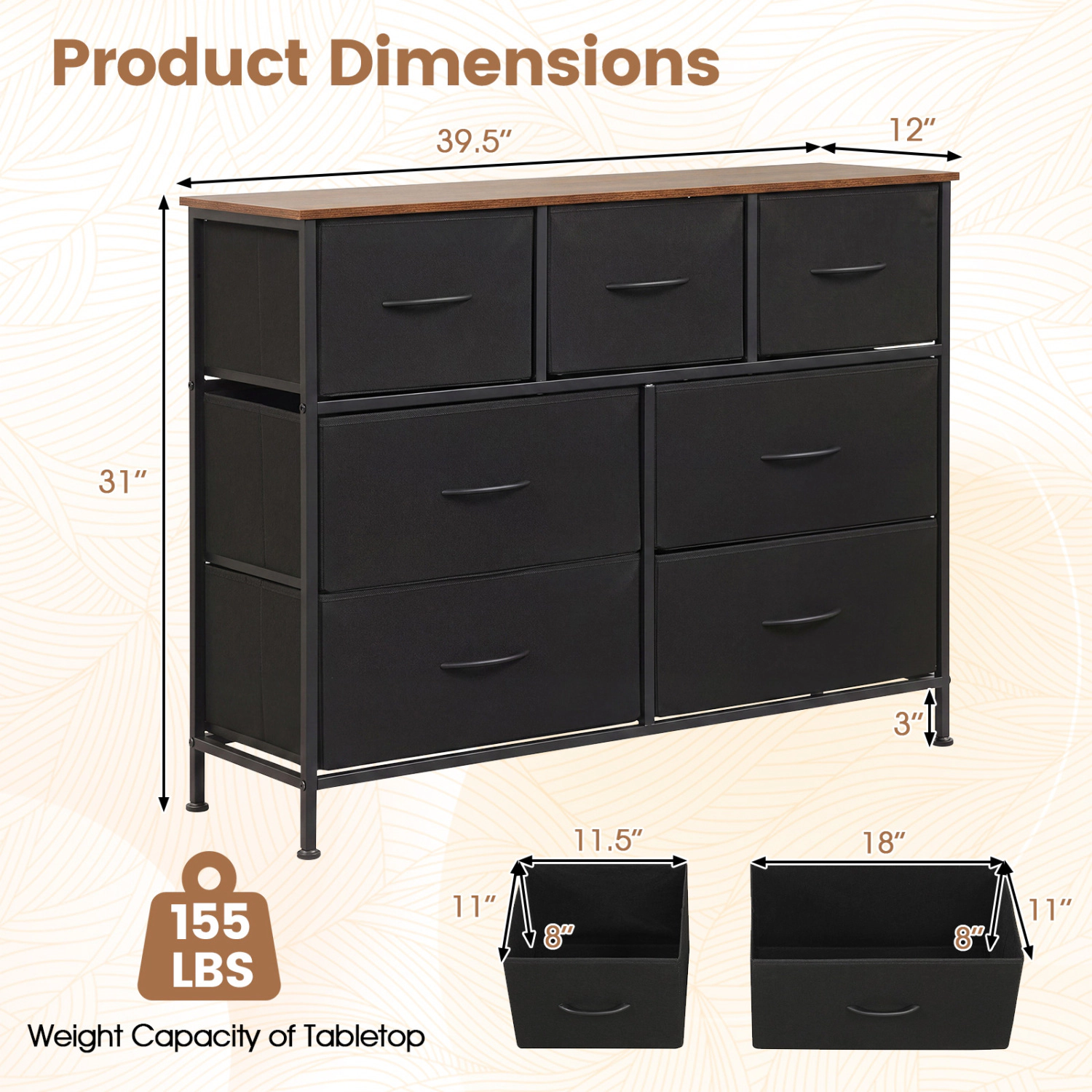 LJG 7-Drawer Wide Dresser with 2-Sized Folding Fabric Drawers for Bedroom