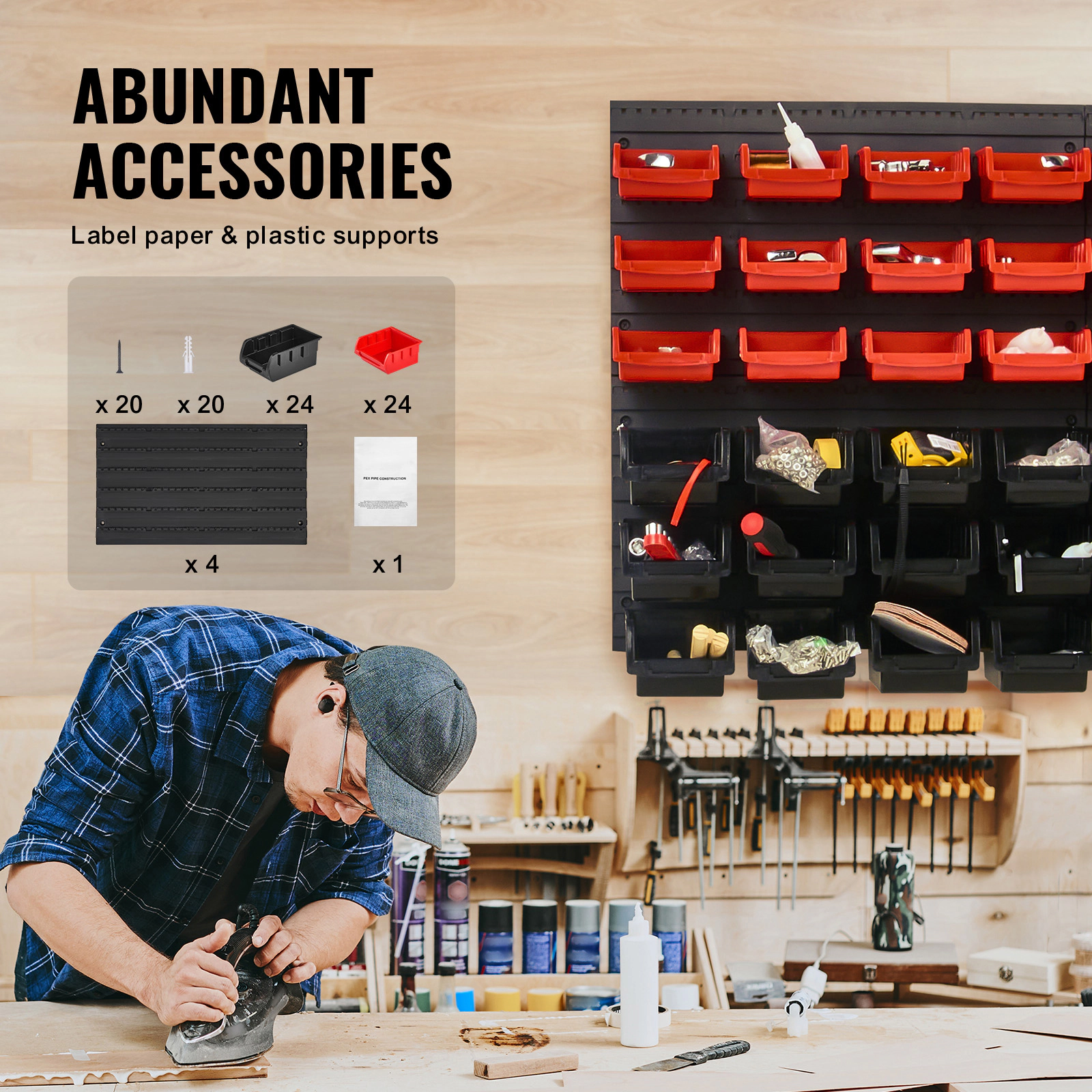 HONGGE Wall Mounted Storage Bins 12 Plastic Bins & 3 Metal Rails Plastic Hanging Stackable Storage Bin for Screws Nuts