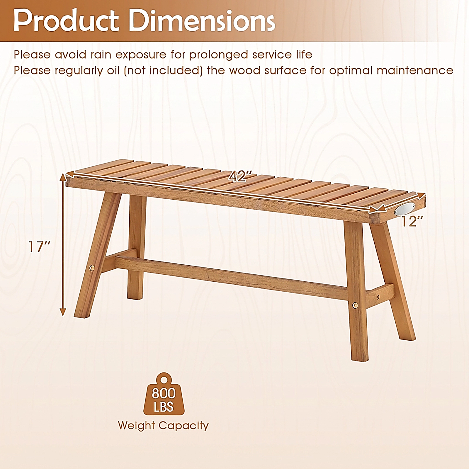 SUGIFT 42 in Acacia Wood Garden Bench Natural Backless Outdoor Bench with 800 lbs Capacity
