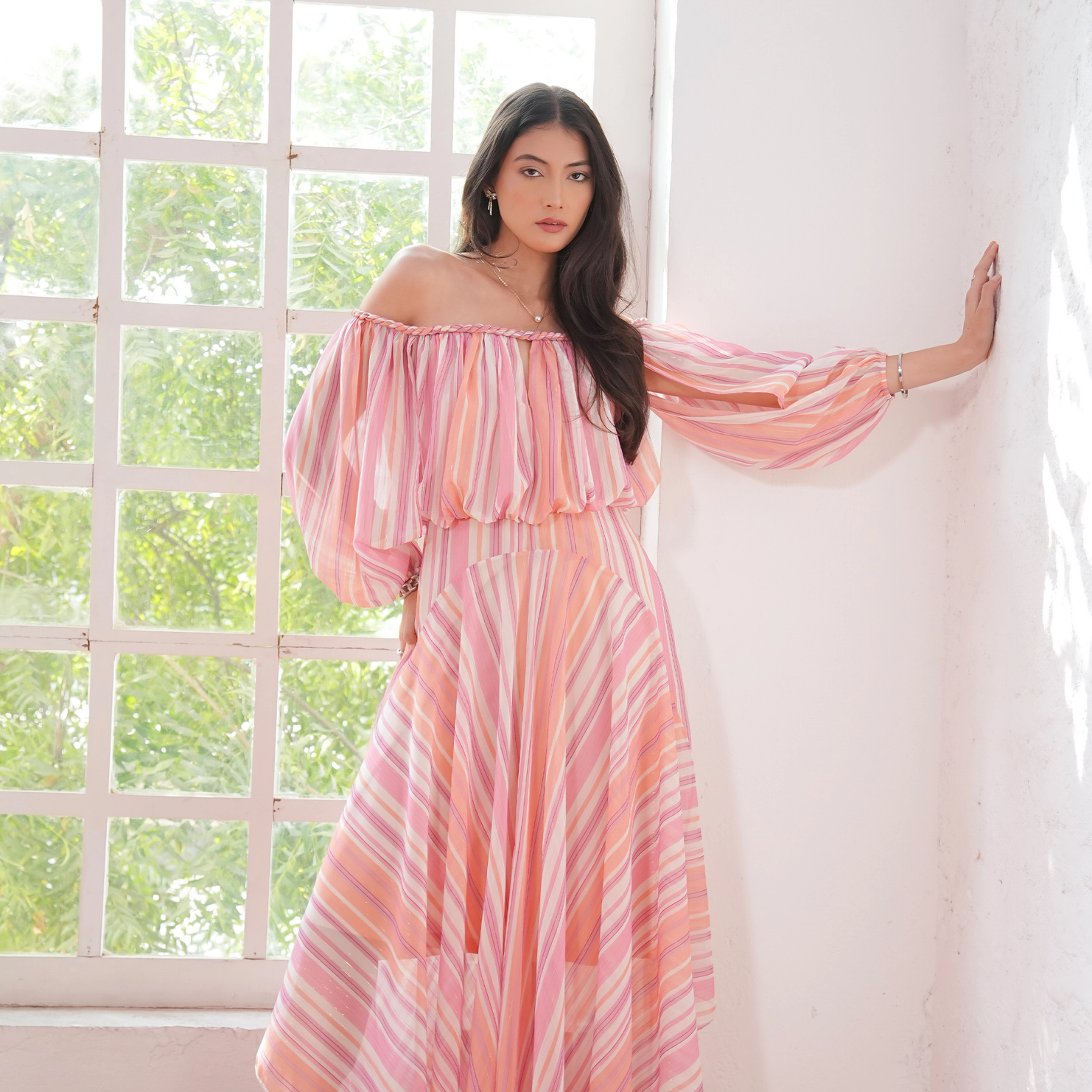 Rose & Nancy Women's Lila Pink Coral Metallic Stripe Asymetric Hem Maxi Dress