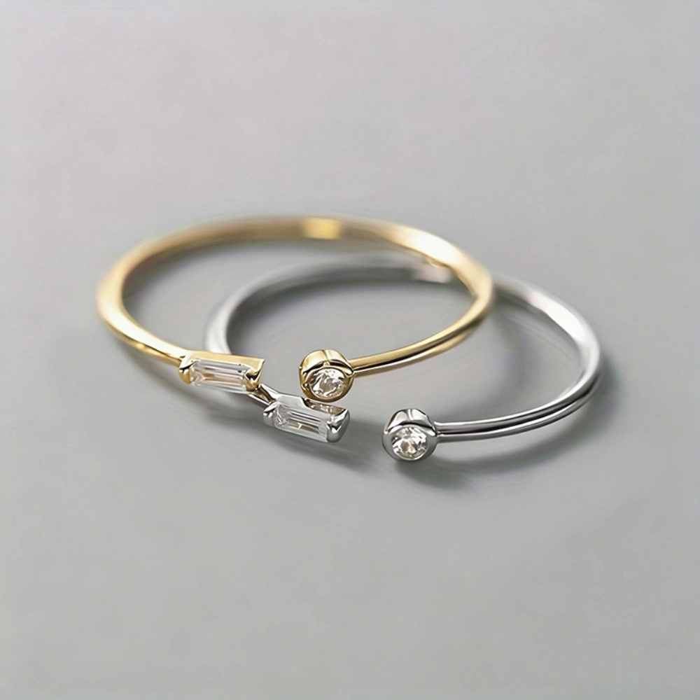 Adjustable Open Ring Baguette & Round Cubic Zirconia Minimalist Stacking for Women