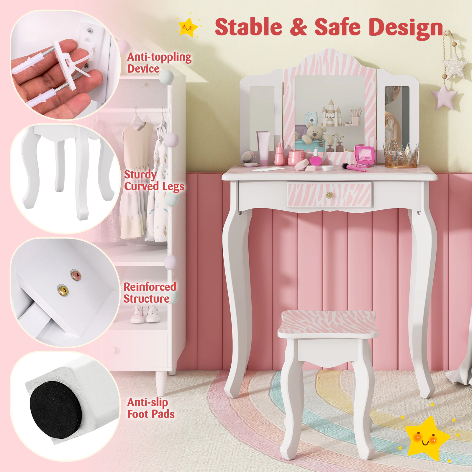 Hivvago Kids Vanity Set with Drawer and 3 Makeup Accessories