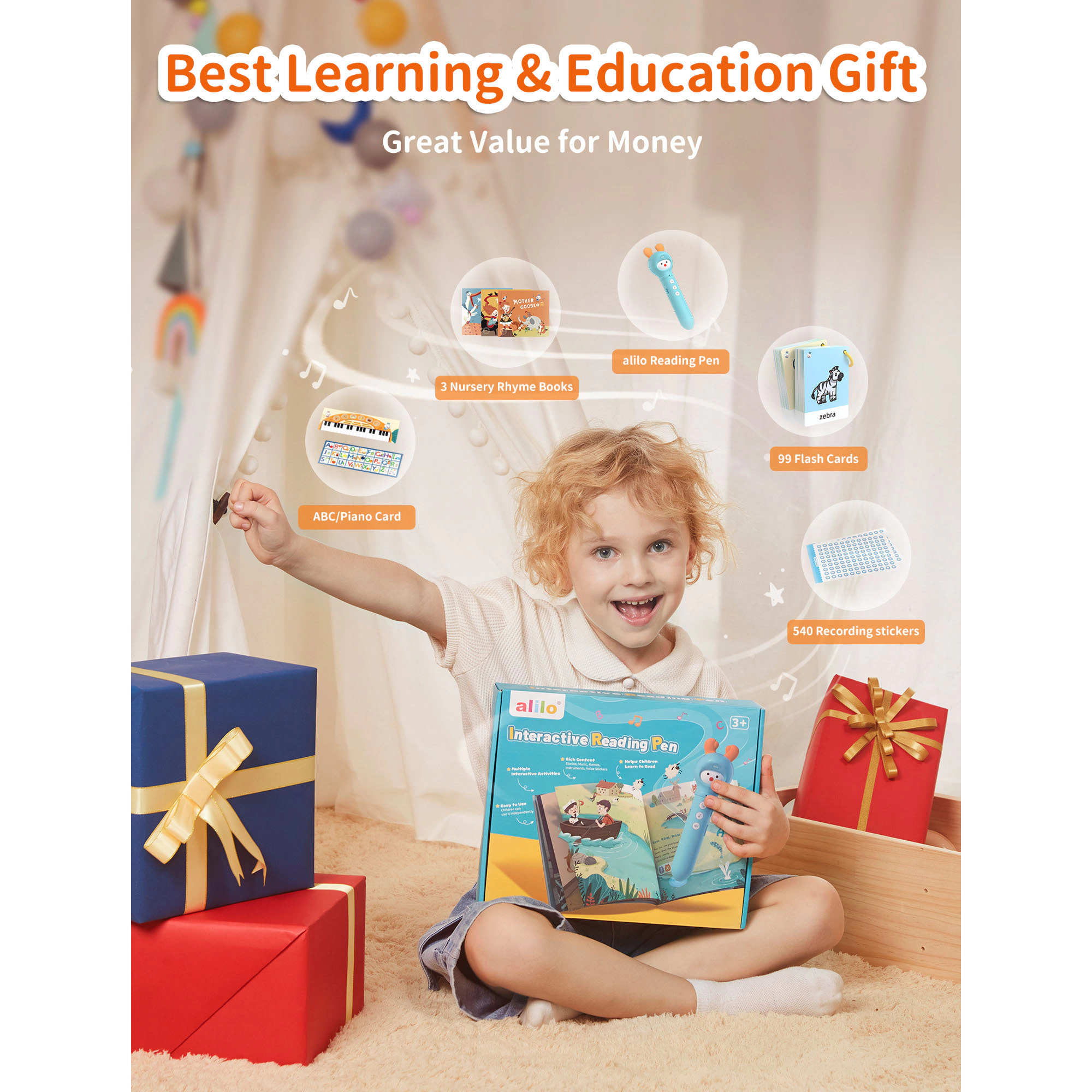 Alilo Interactive Reading Pen Set with 100 Flash Cards, 3 Talking Books, Music & Stories