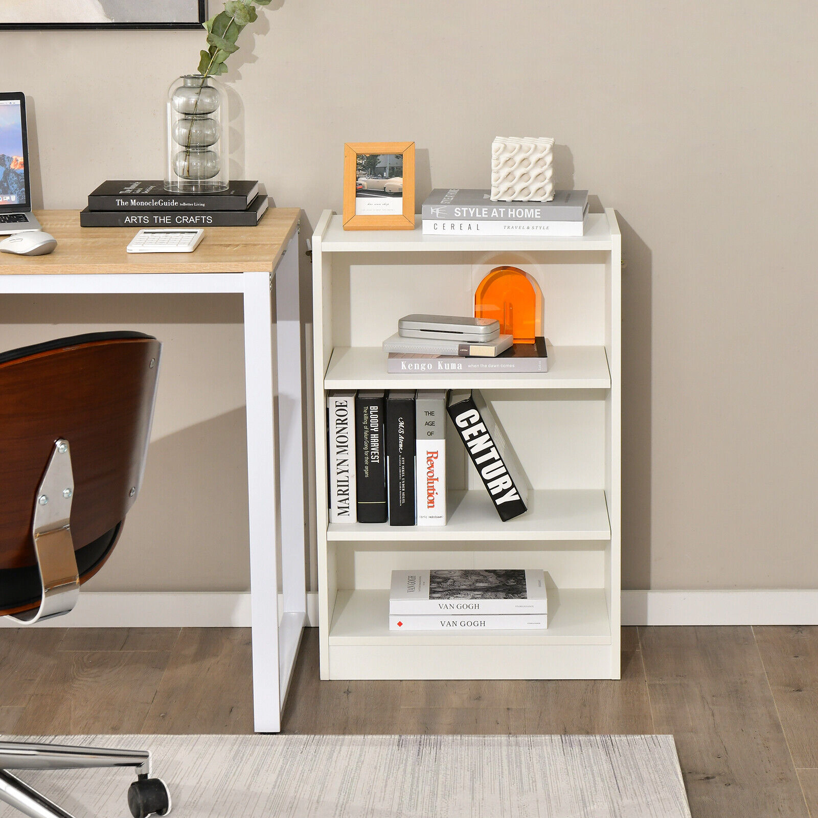 SUGIFT White 3-Tier Bookcase Open Display Rack with 18-Position Adjustable Shelves