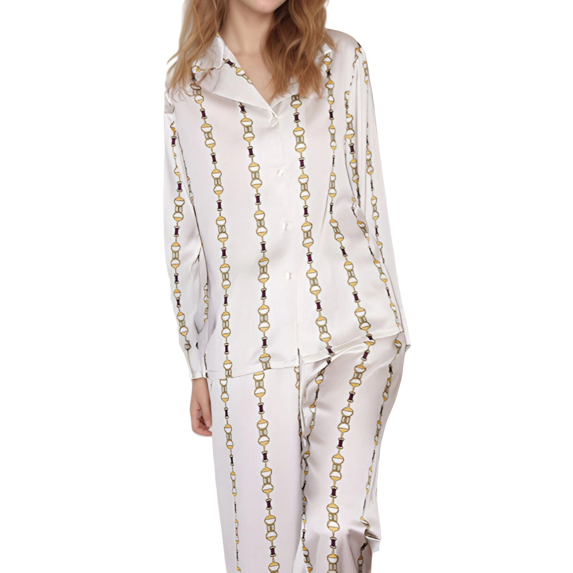 Anna-Kaci Women's Vertical Chain Print Pajama Set Long Sleeve Notch Collar Button Down Top and Silky Relaxed Woven Pants