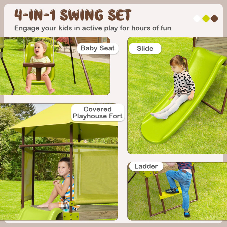 Hivvago 4-in-1 Swing Set with Covered Playhouse Fort and Height Adjustable Baby Seat
