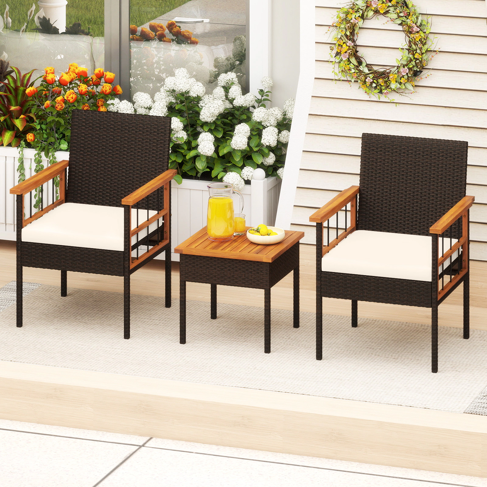 LJG 3 Piece Wicker Furniture Set with Acacia Wood Tabletop and Armrest for Balcony