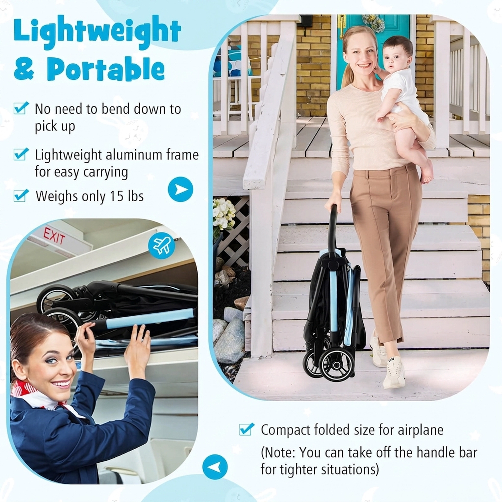 SUGIFT One-Hand Folding Portable Lightweight Baby Stroller with Aluminum Frame 33-lb Seat Capacity Ages 6-36 Months Blue