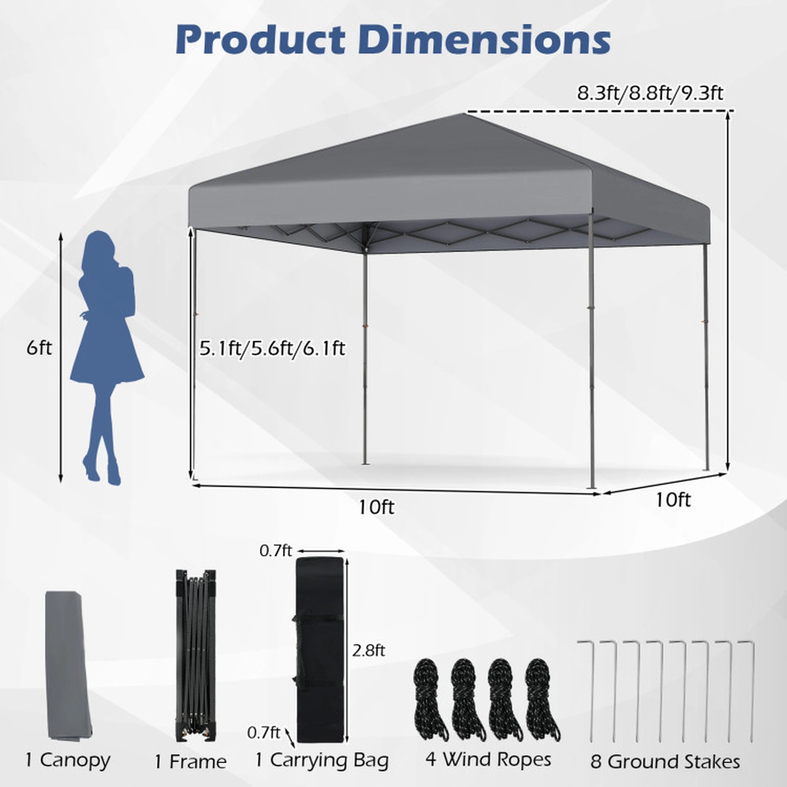 SUGIFT Gray Lightweight Pop Up Canopy Tent with Carrying Bag and 8 Metal Ground Stakes 10-ft W 10-ft D 8.3-ft H