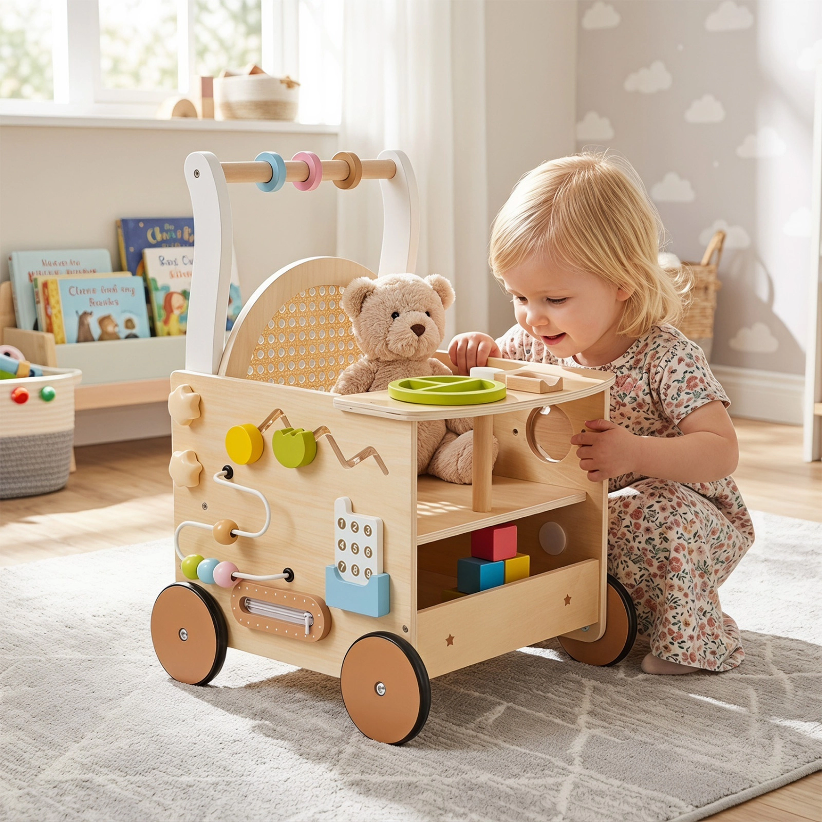 13-in-1 Toddler Wooden Push Walker with Doll Seat Pretend Ice Cream Set Bead Maze Turntable Mirror Natural
