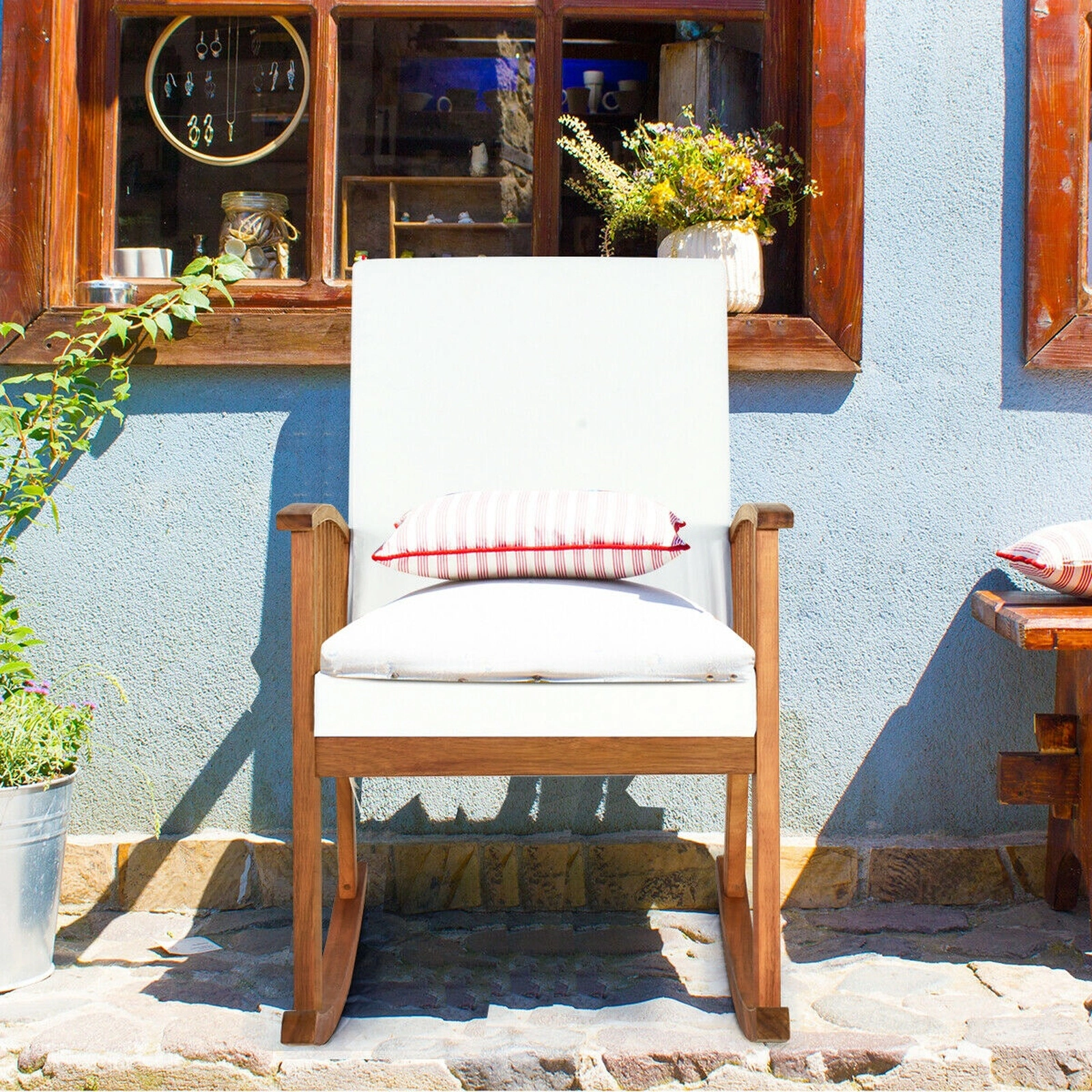 SUGIFT Acacia Wood Outdoor Rocking Chair, Teak Finish, Washable Cushions