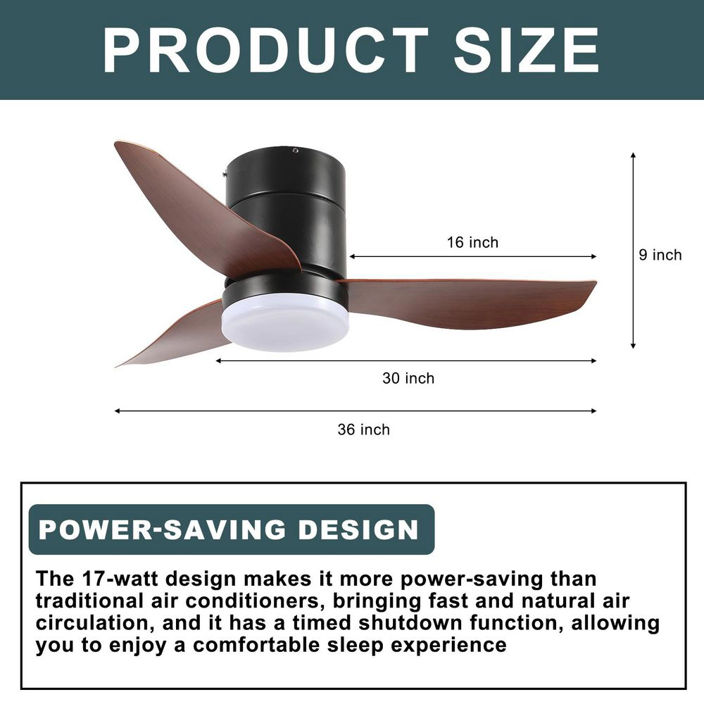Flynama 36 in. Black Indoor Quiet DC Motor Flush Mount Standard Ceiling Fan with Light Remote Control 6-Speed Levels