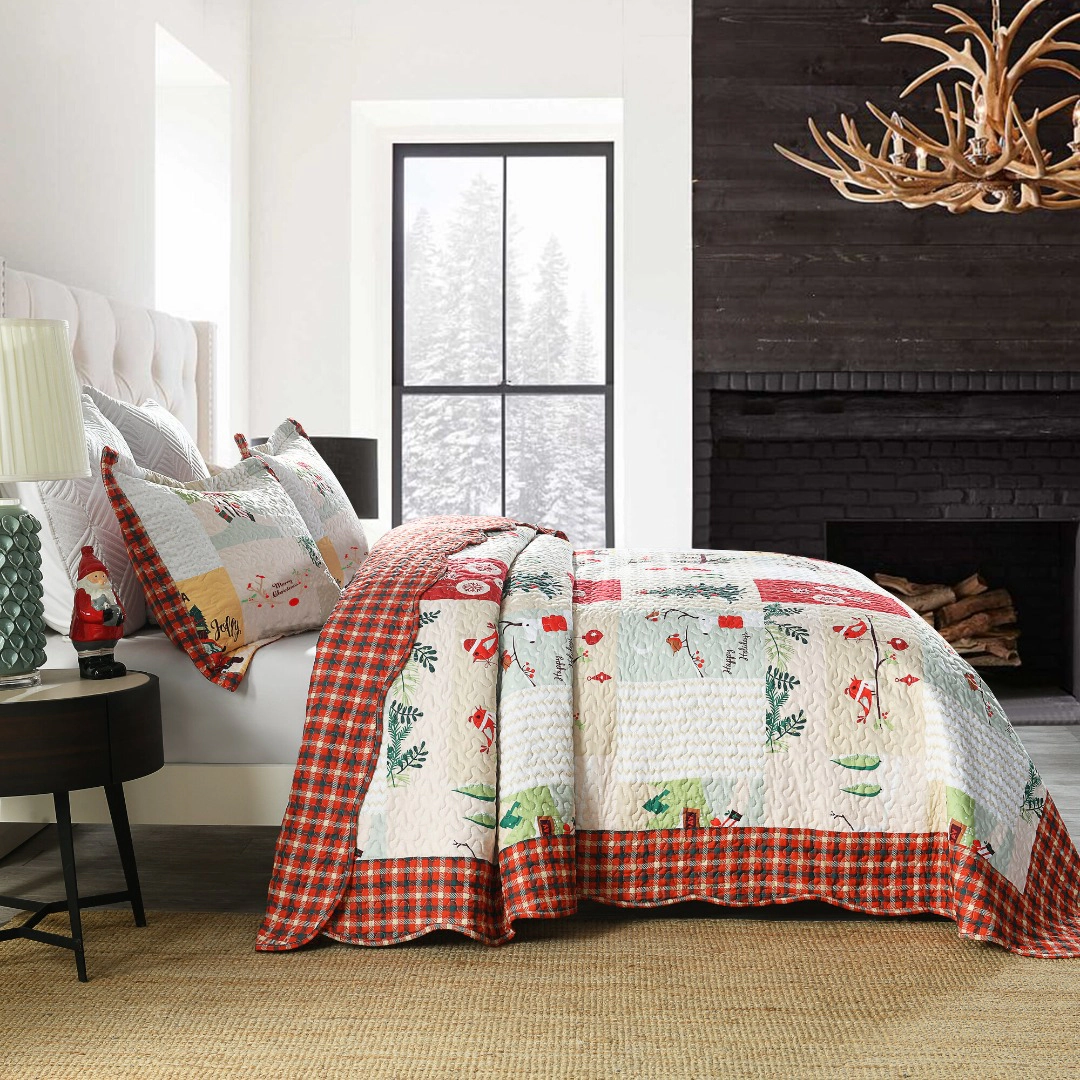 MarCielo 3 Piece Christmas Patchwork Quilt Bedspread Set Lightweight Holiday Bedding Set
