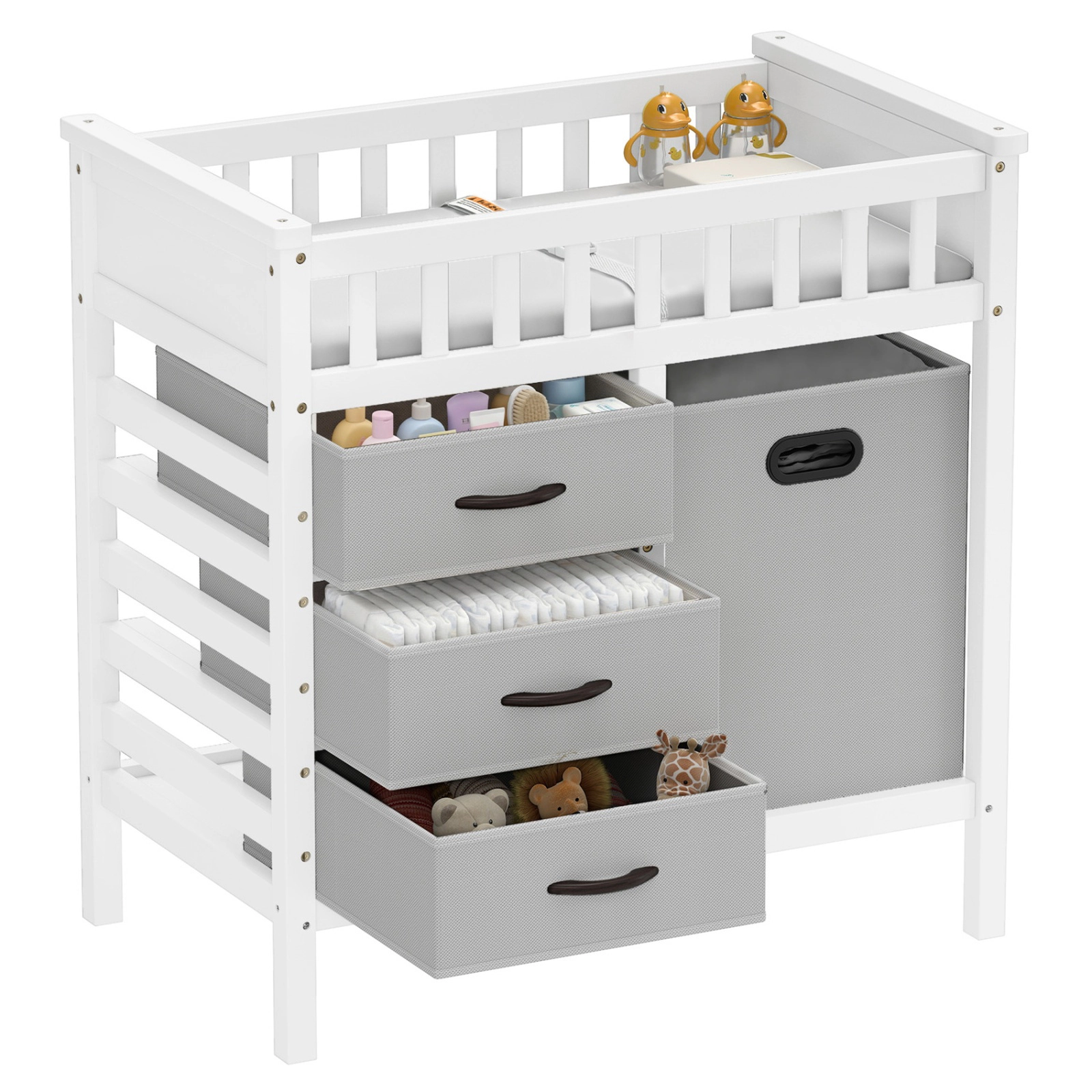 SUGIFT Gray 3 Fabric Drawers and Laundry Hamper Wooden Baby Changing Table
