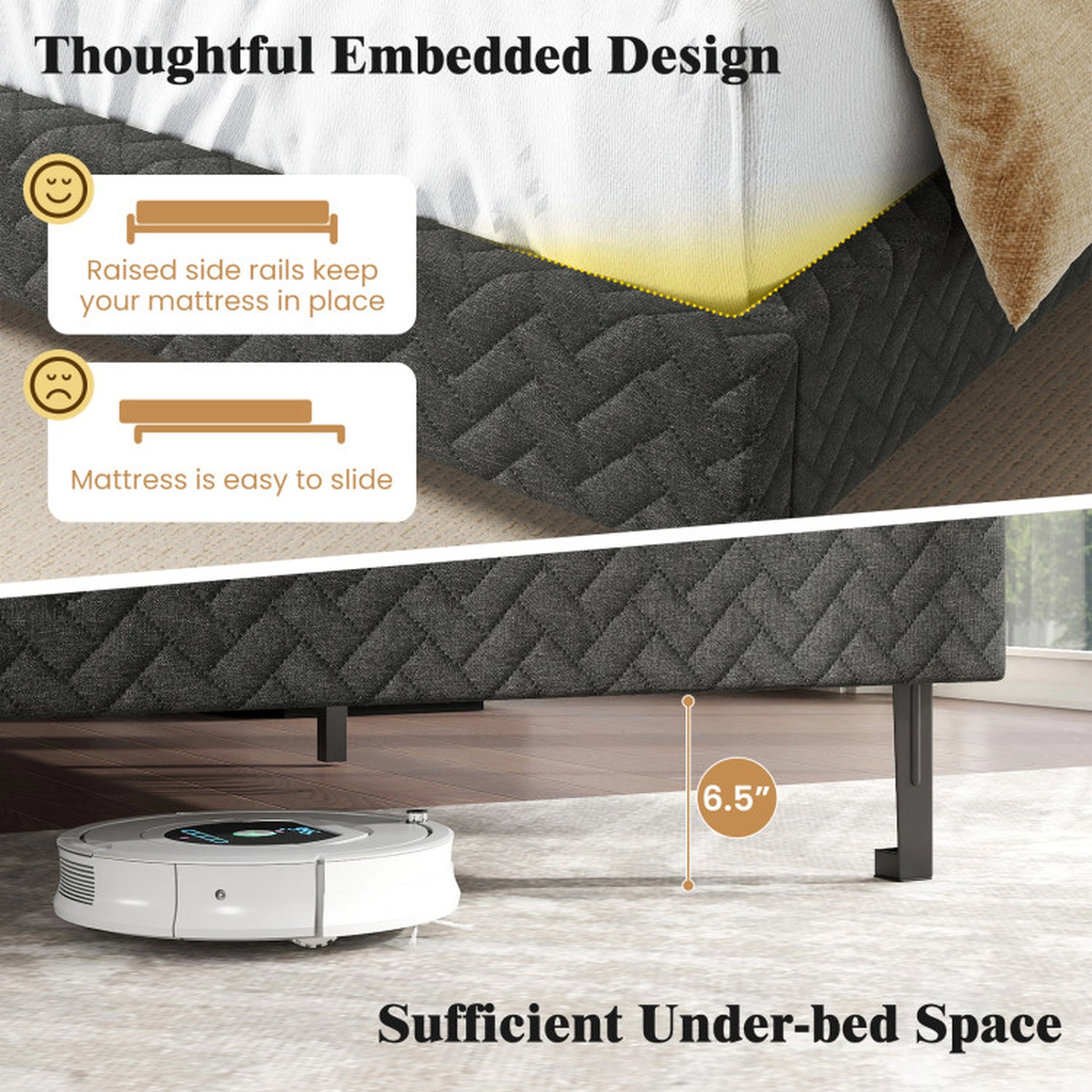 SUGIFT Gray Adjustable Chevron Headboard Queen Size Velvet Upholstered Platform Bed