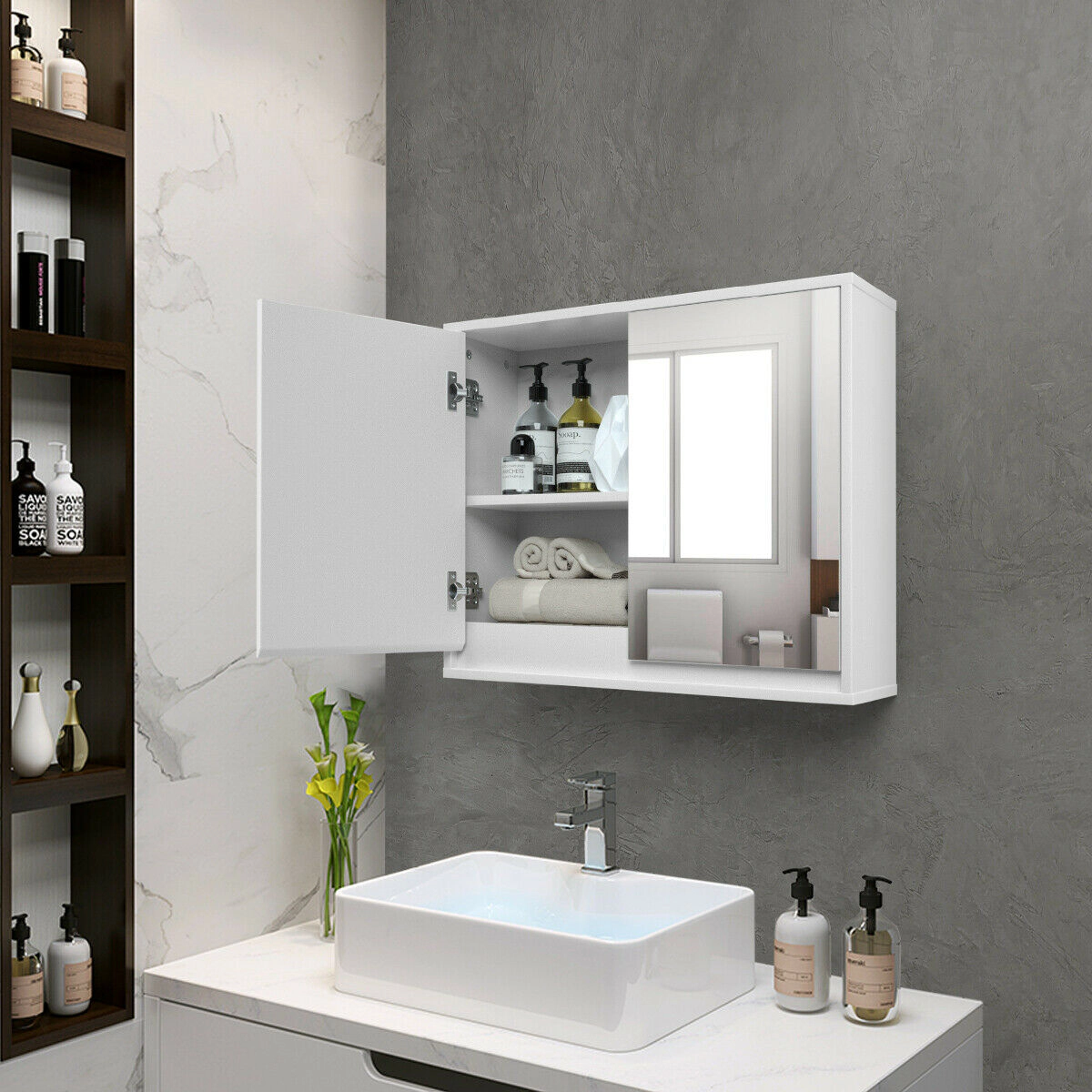 Slickblue Wall Mounted Bathroom Medicine Cabinet with Double Mirror Doors and Storage