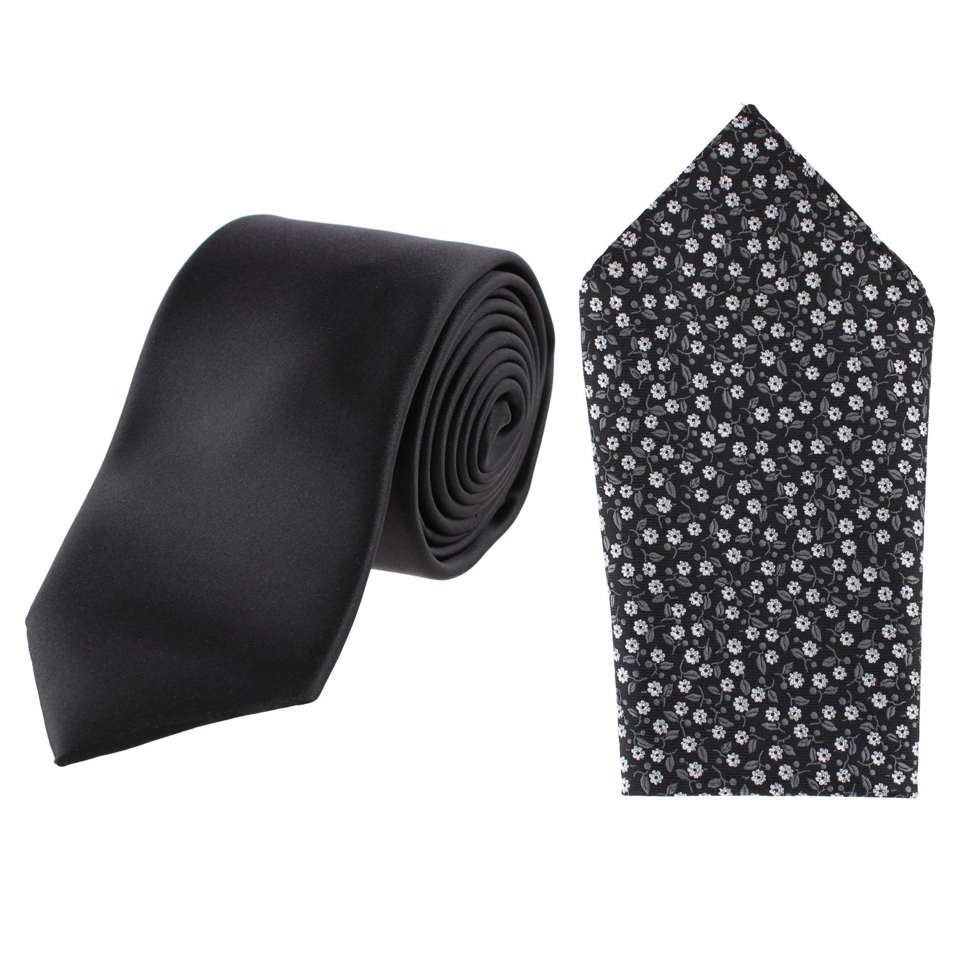 Essentials by Trafalgar Solid Necktie and Metallic Floral Pocket Square Set