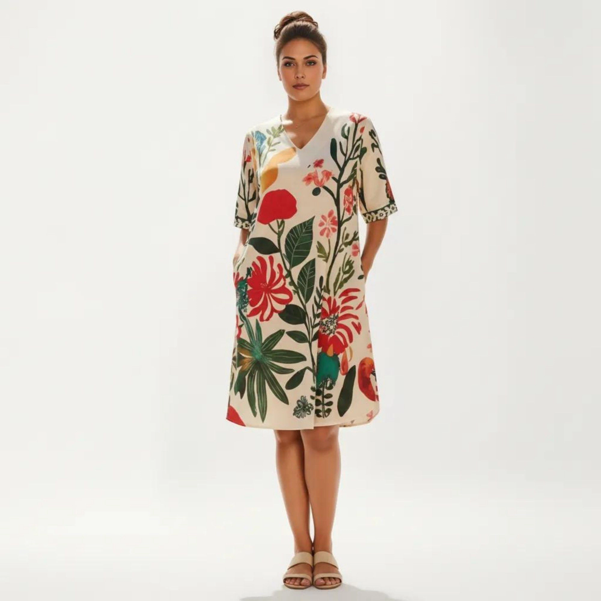 Anna-Kaci Womens Plus Floral V-Neck Short Sleeve Shift Dress