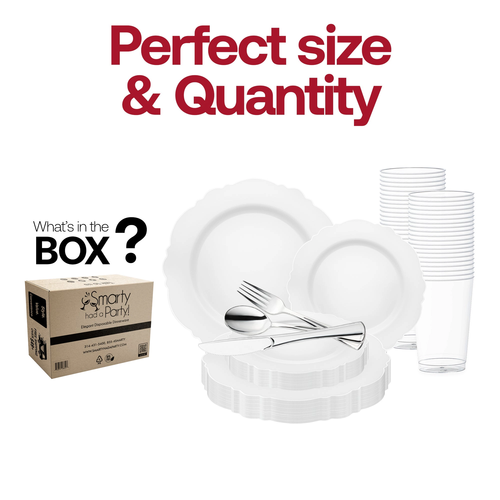 Smarty Had A Party White with Silver Rim Round Blossom Disposable Plastic Wedding Value Set