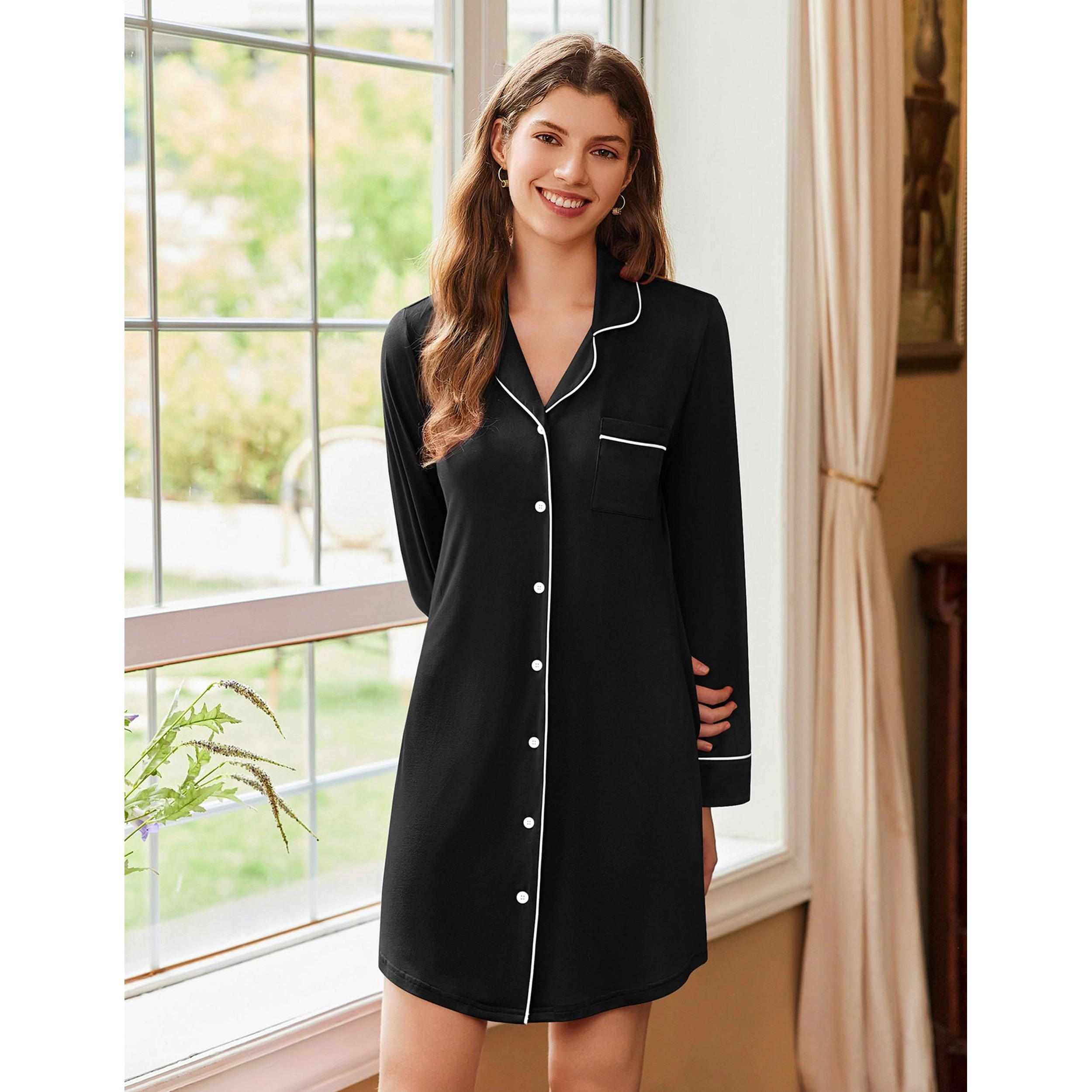 Ekouaer Nightgowns for Women Button Down Sleepshirt Long Sleeve Nightshirt Nursing Sleepwear