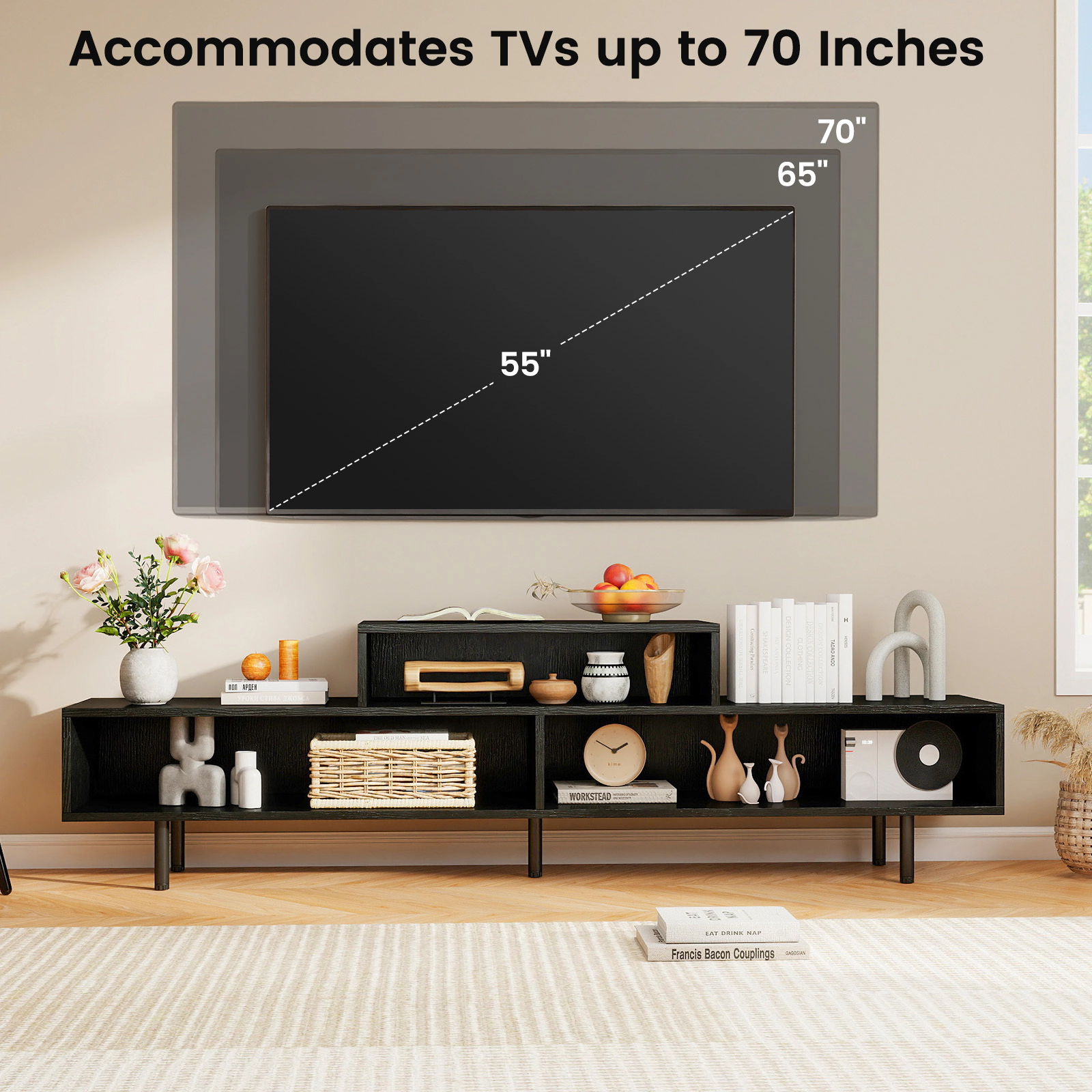 Glintex 63-Inch 3-Cubby TV Stand with Raised Metal Legs
