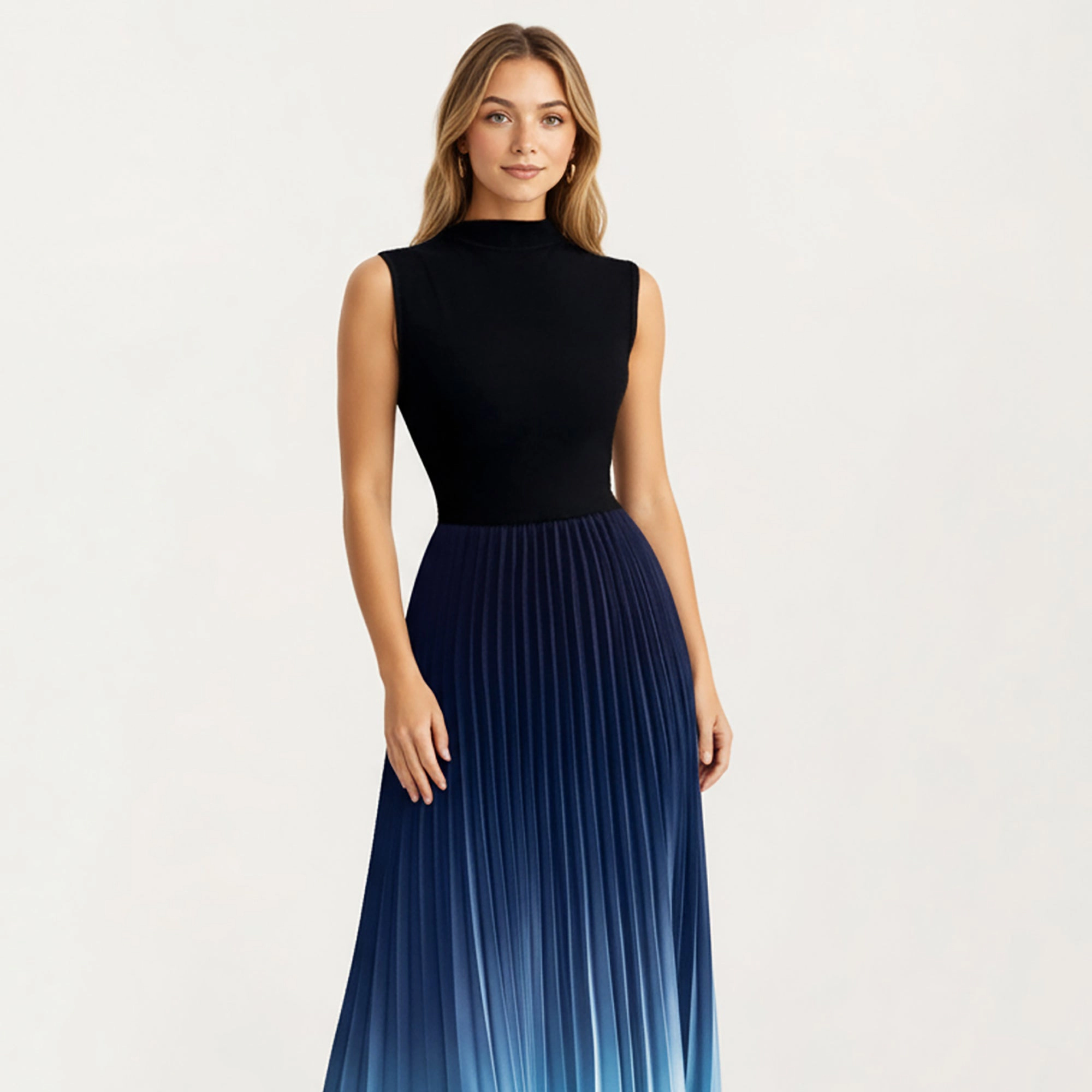 Anna-Kaci Womens Sleeveless Mock Neck Pleated Ombre Maxi Dress