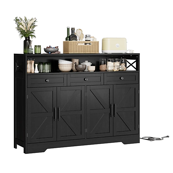 BebreezChic 51" Farmhouse Buffet Cabinet, Charging Station, 3 Drawers, 4 Barn Doors