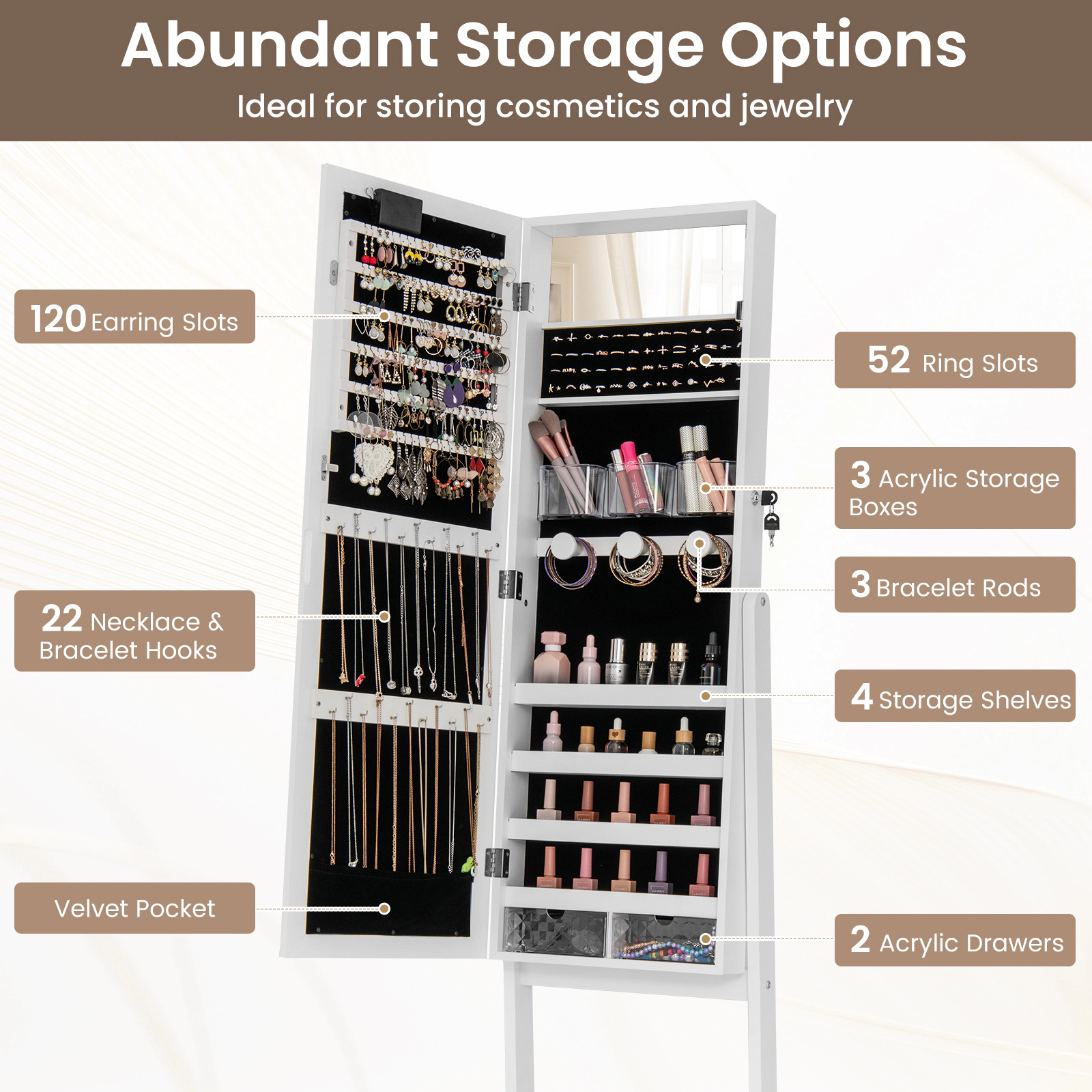 SUGIFT 61.5-in Full-Length Mirror Jewelry Cabinet with 20 Warm Lights and 4 Tilt Angles MDF Frame White