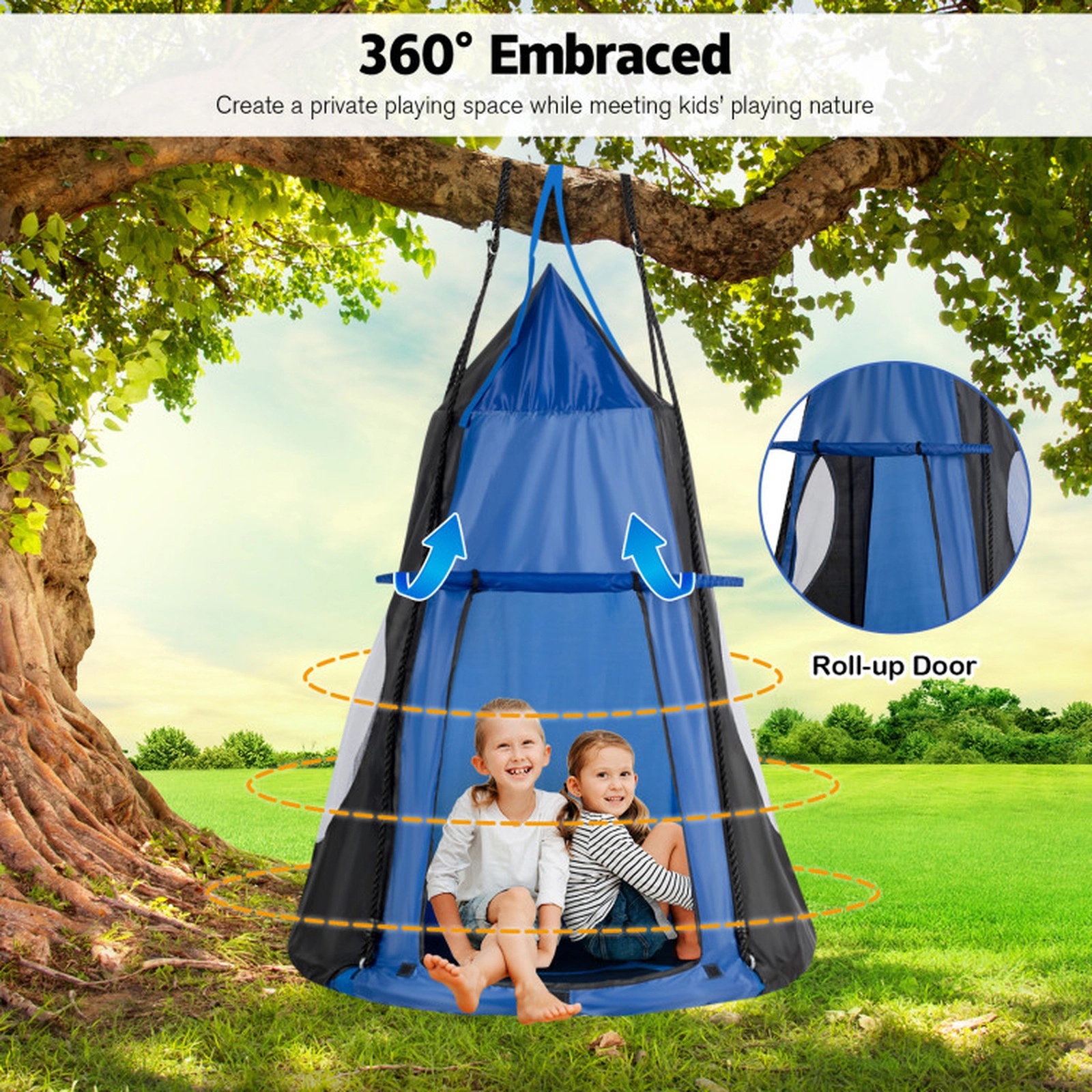 SUGIFT Kids Blue 2-in-1 Saucer Tree Swing with Detachable Play Tent 40-in Dia 52-in H 330-lb Swing Capacity