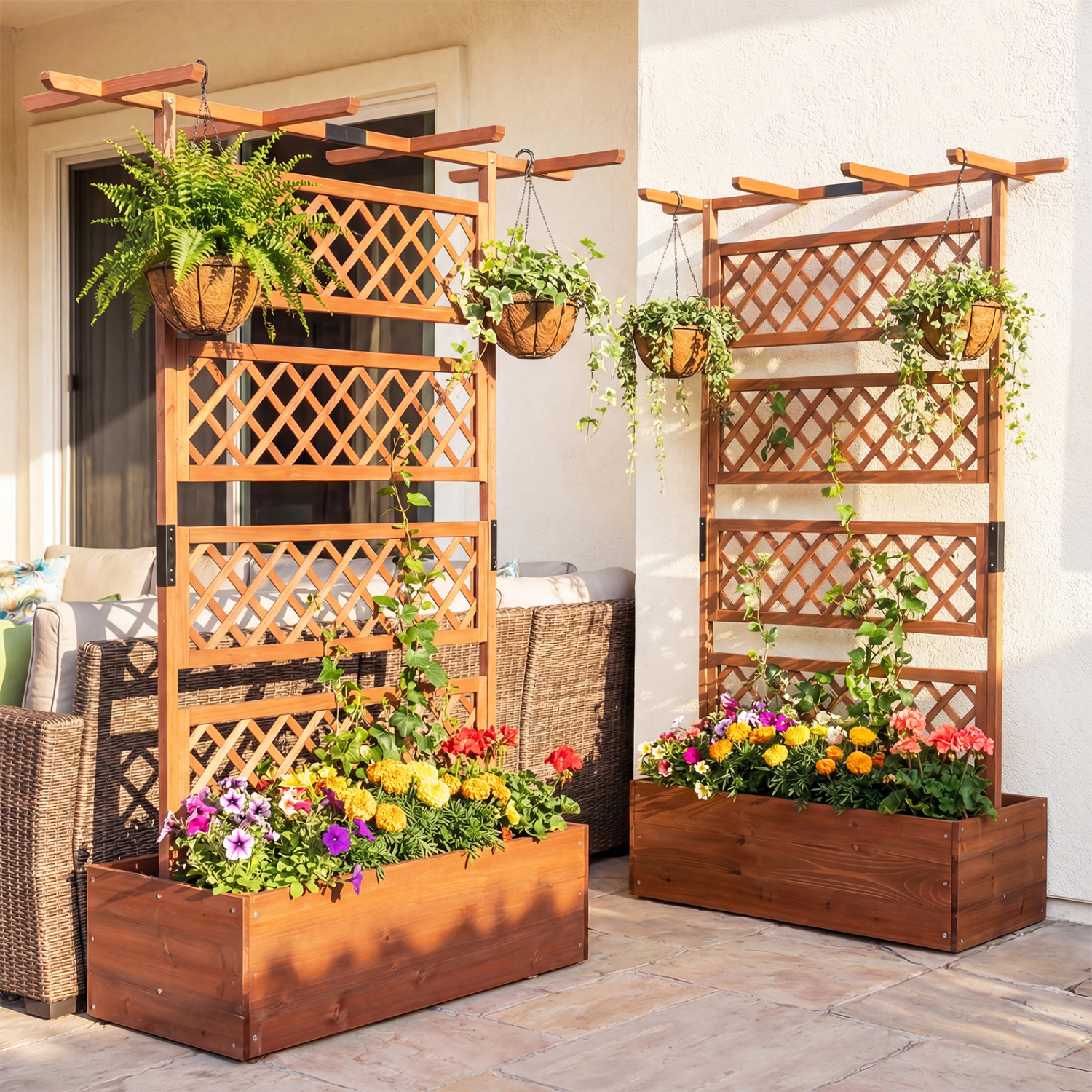 LJG Wooden Planter Box with Lattice Trellis Raised Garden Bed Privacy Screen Flat Roof