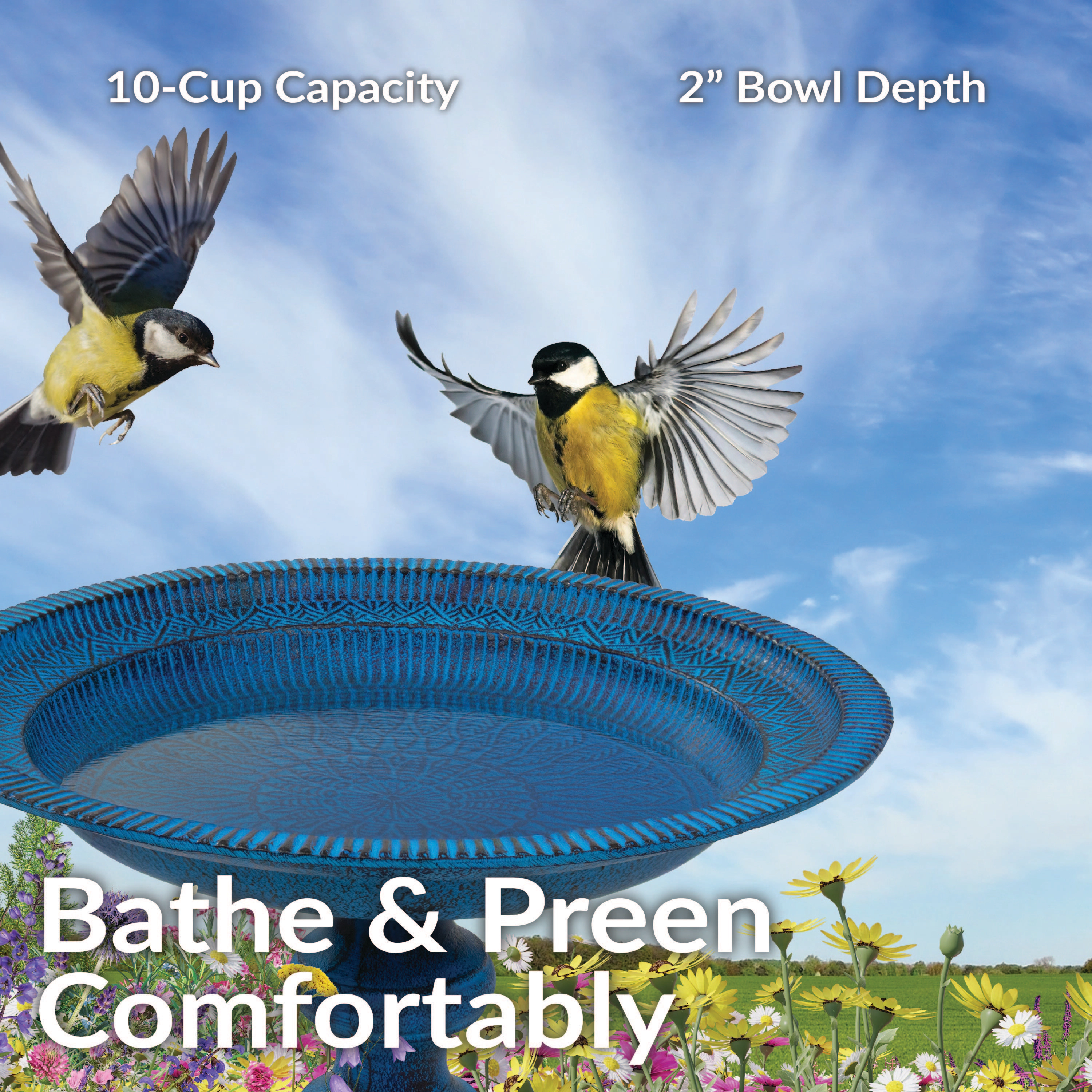 Sunnydaze Backyard Beauty Metal Bird Bath for Outside, 18” H, Blue Patina